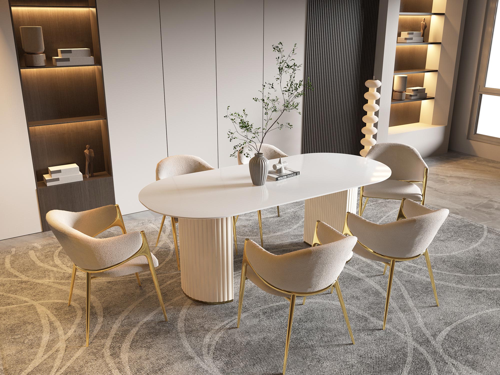 Luksusowy biały stół jadalniany z owalnym blatem i złotymi krzesłam
