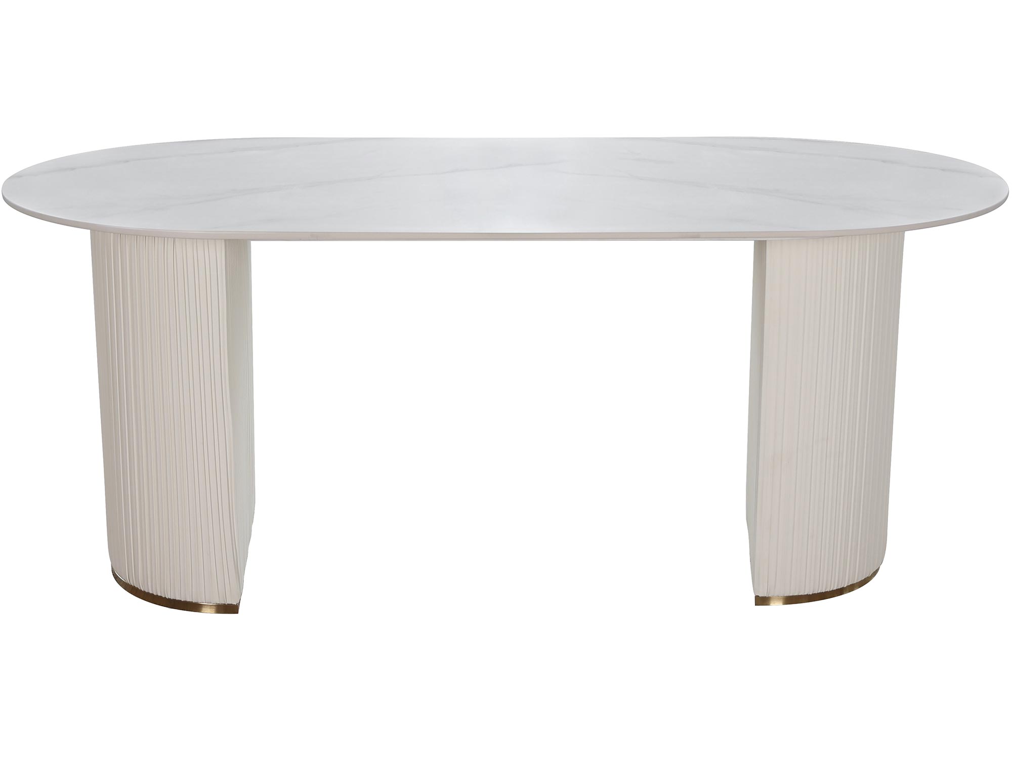 Owalny stół z białym blatem i nogami ryflowanymi w stylu glamour