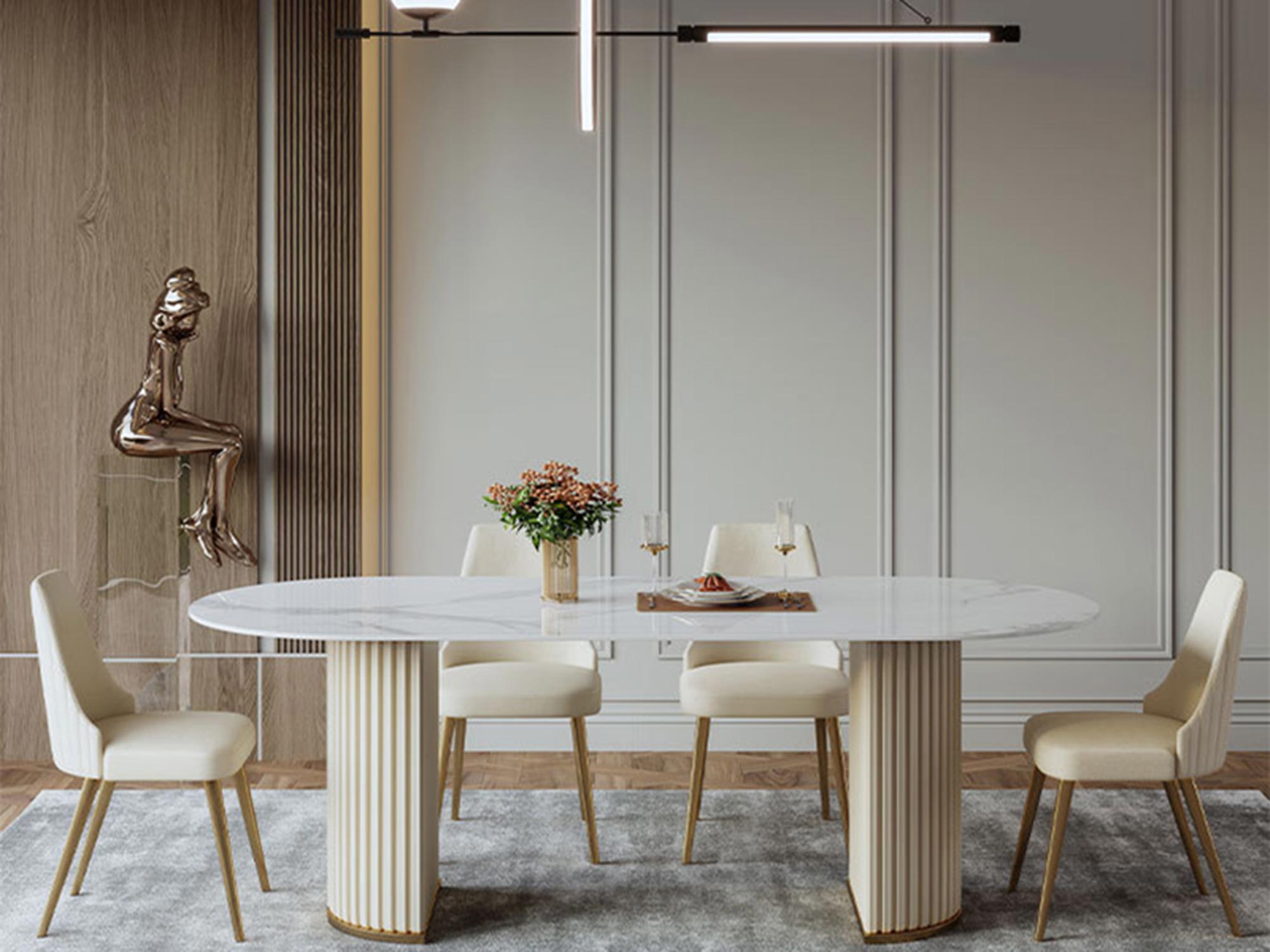 Nowoczesny stół jadalniany z jasnym blatem i pionowym ryflowaniem