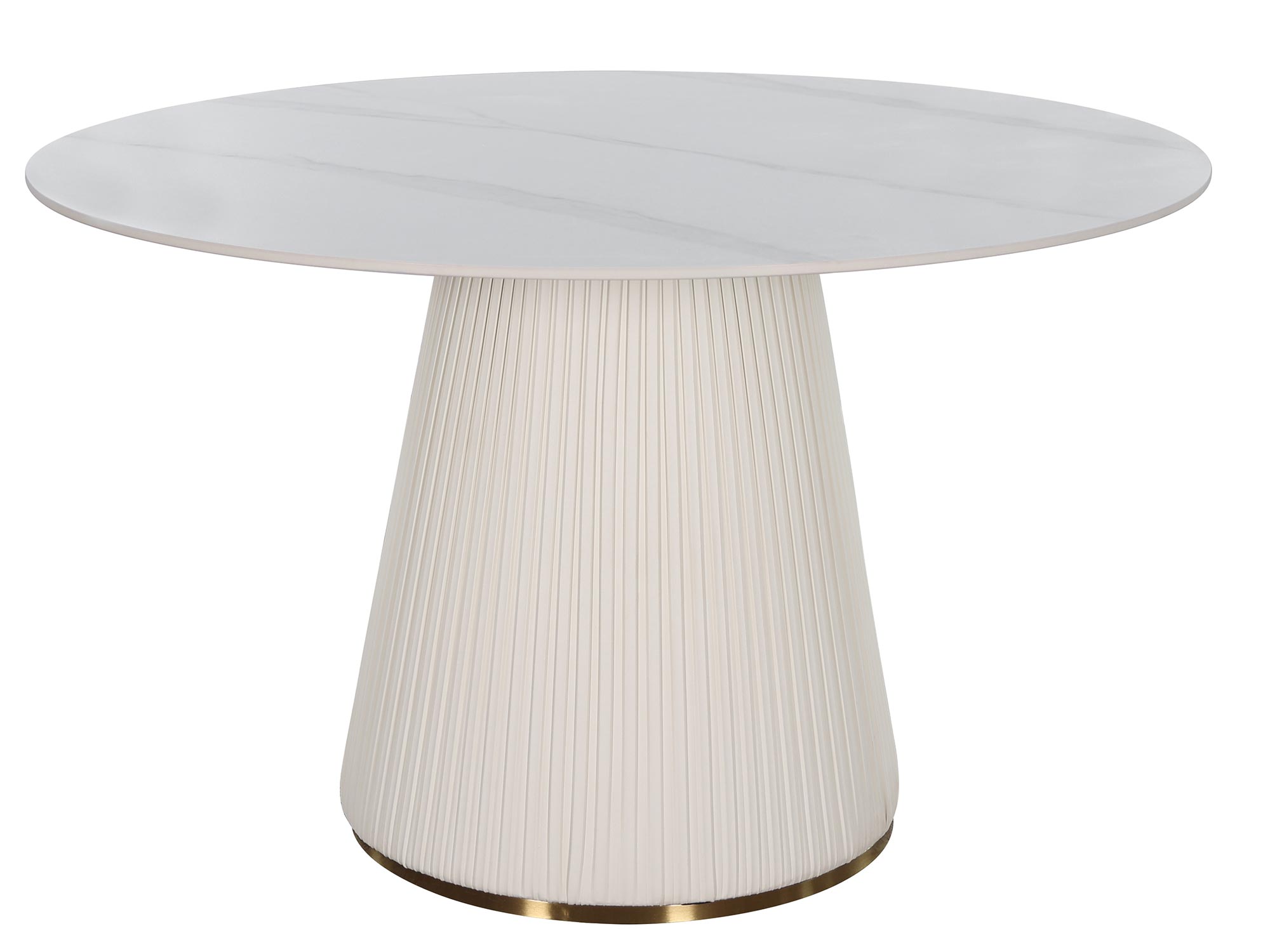 Stół okrągły z białym marmurowym blatem i elegancką podstawą