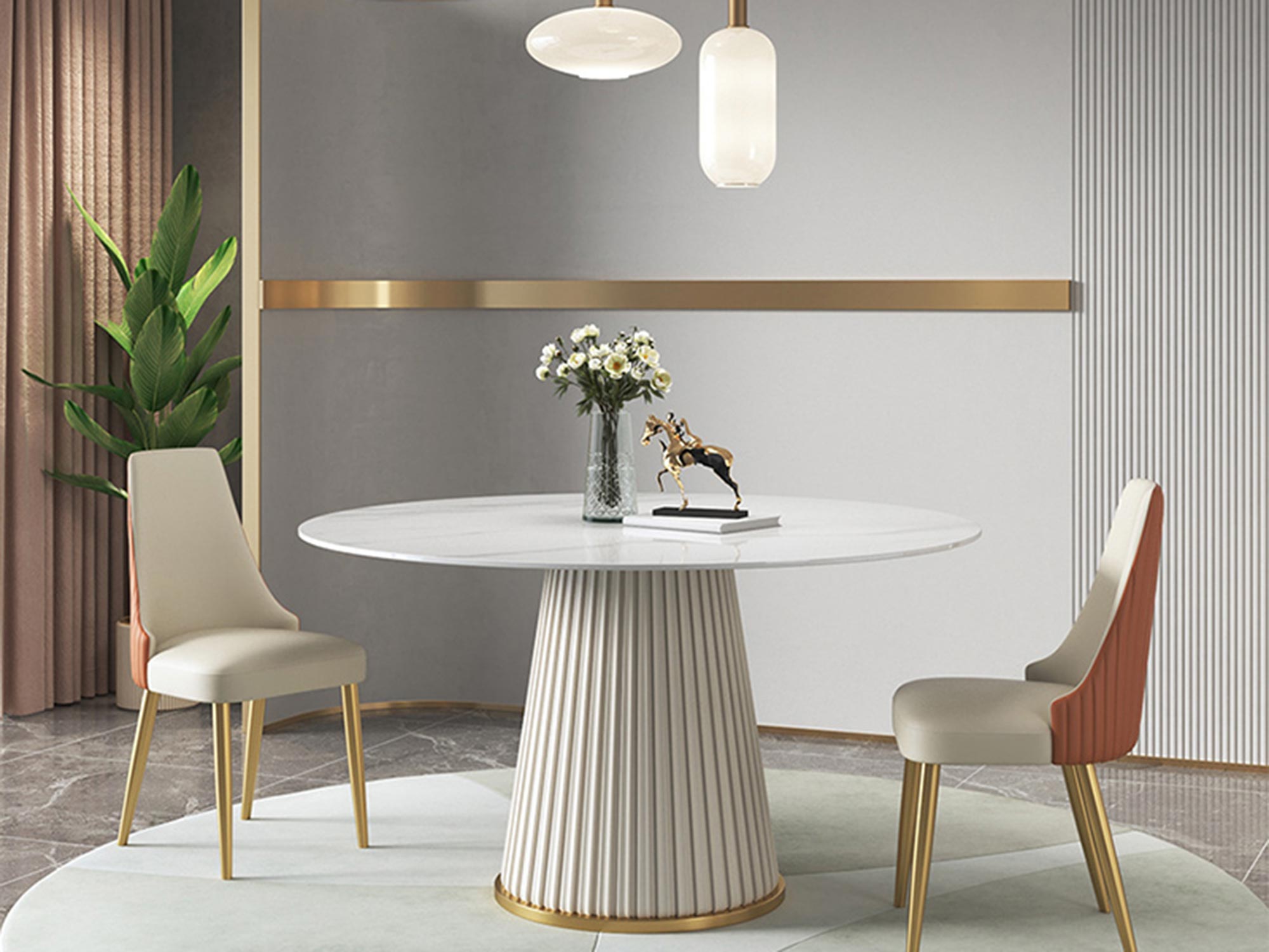 Nowoczesny stół jadalniany z białym blatem i złotymi akcentami