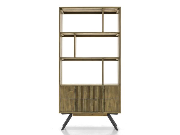 Designový dřevěný regál s kovovými nožkami