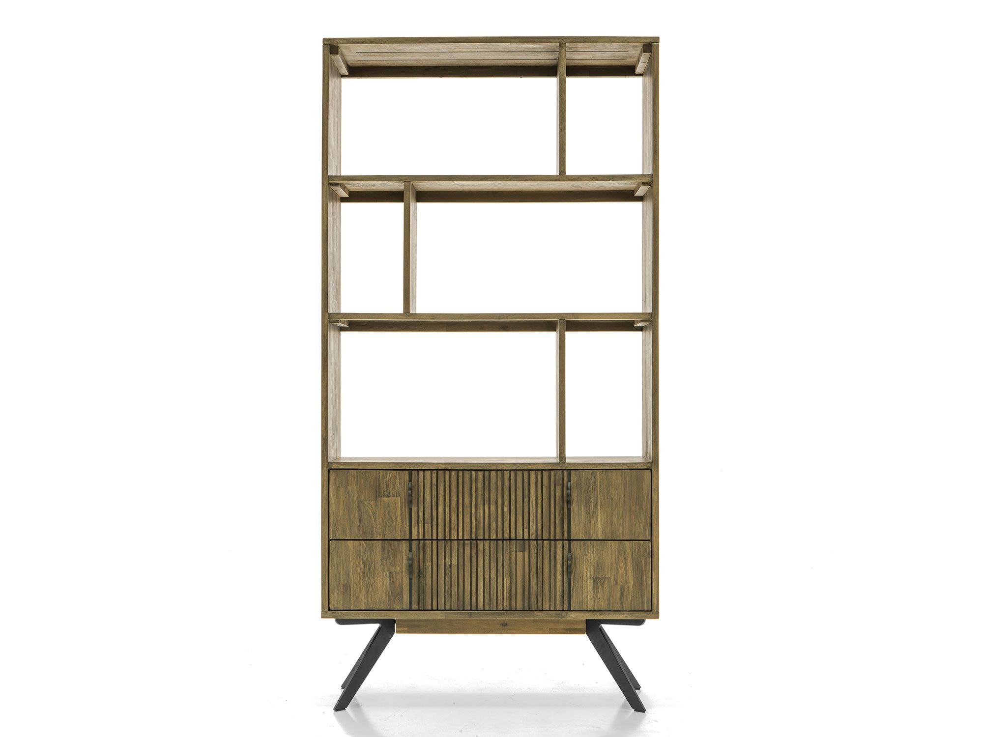 Designerski drewniany regał z metalowymi nóżkami