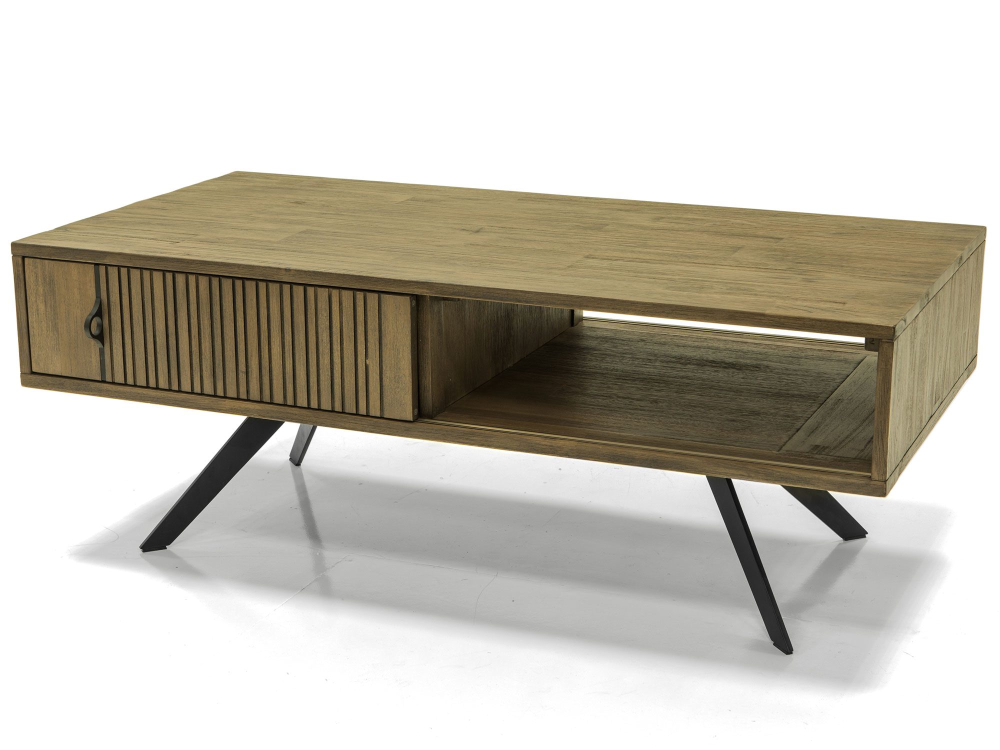 Nowoczesny stolik kawowy z drewna na czarnych metalowych nogach Nowoczesny stolik kawowy z drewna na czarnych metalowych nogach