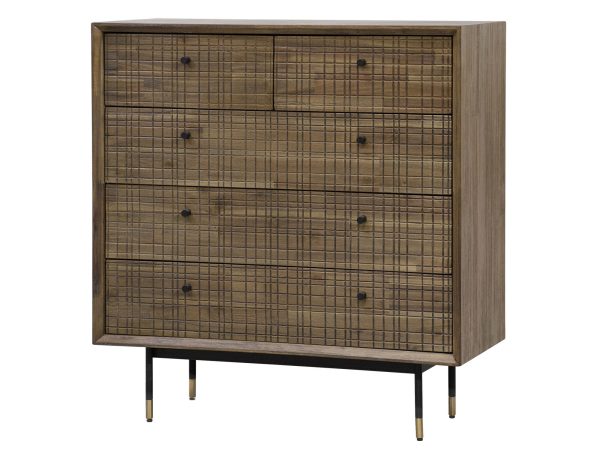 Komoda retro se zásuvkami a zlatými detalami do moderní ložnice