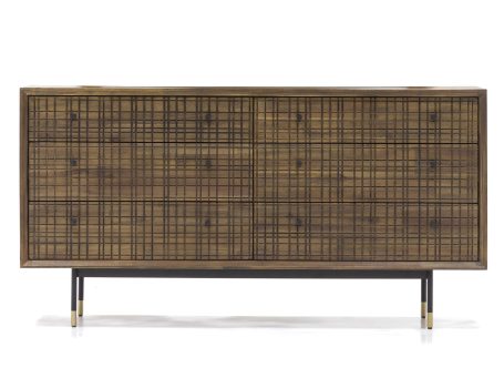 Komoda z szerokim frontem z drewna akacji i plecionki na czarnych nogach