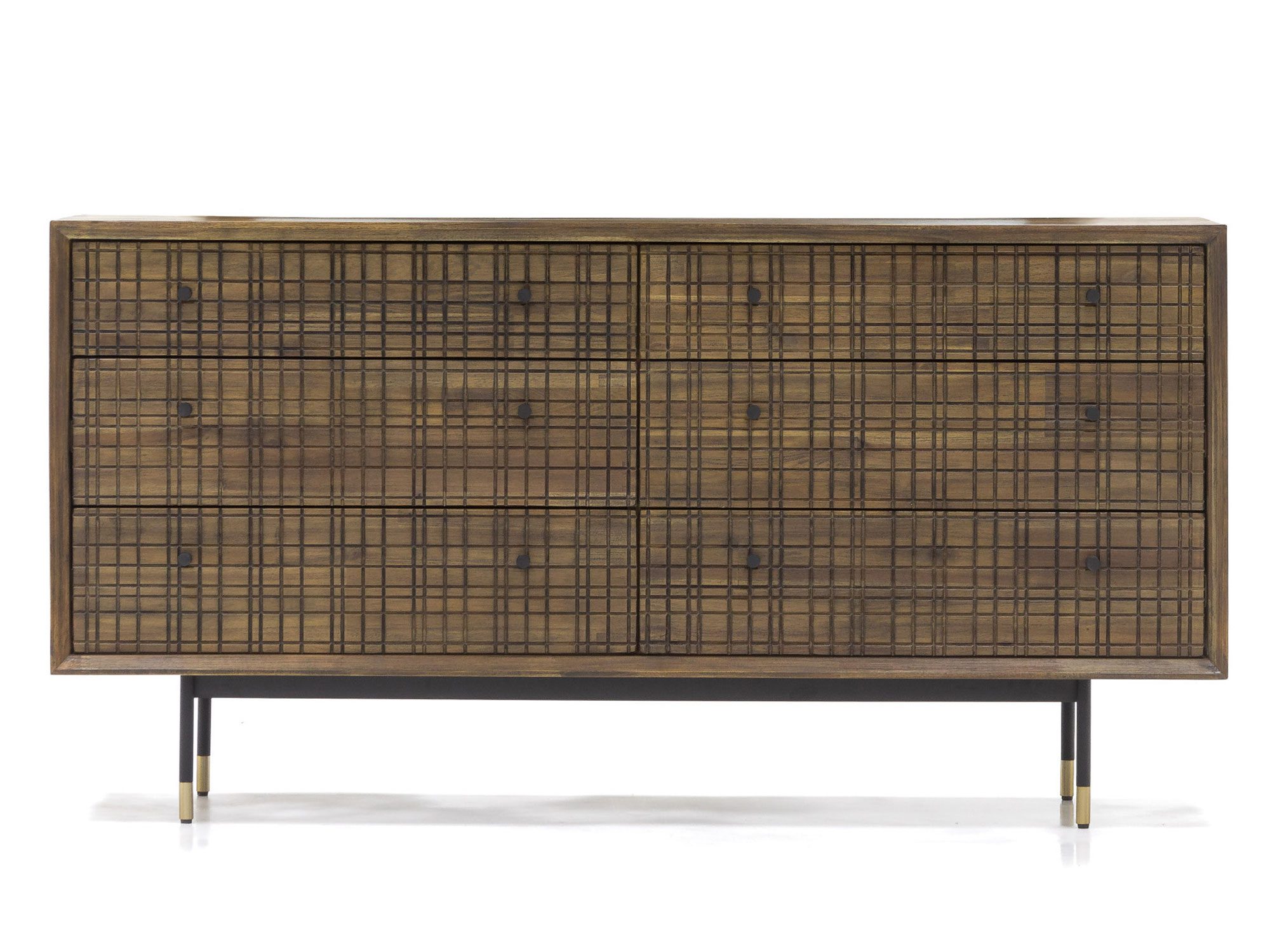 Komoda z szerokim frontem z drewna akacji i plecionki na czarnych nogach