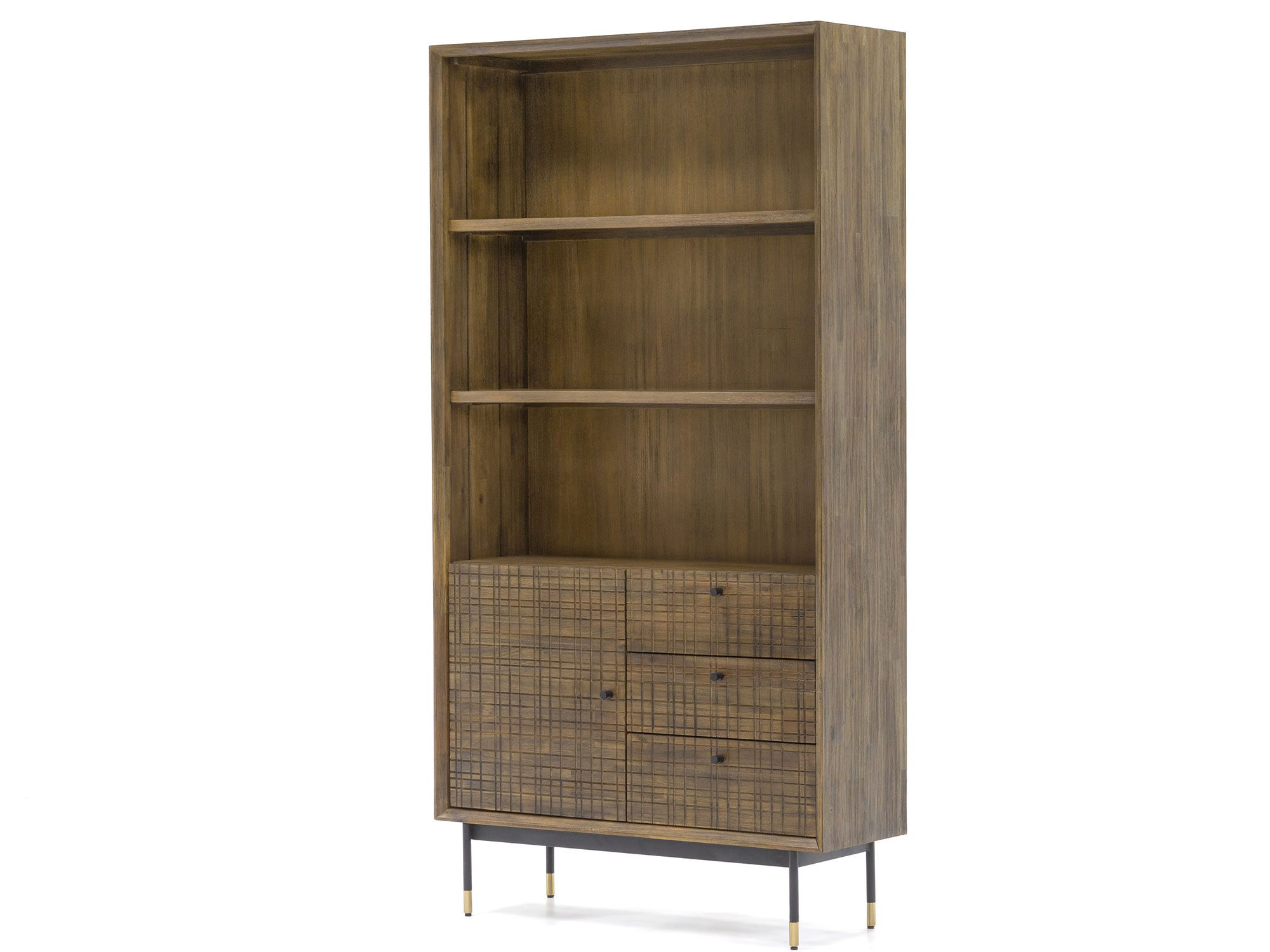 Wysoki regał z drewna akacji z szufladami i drzwiczkami