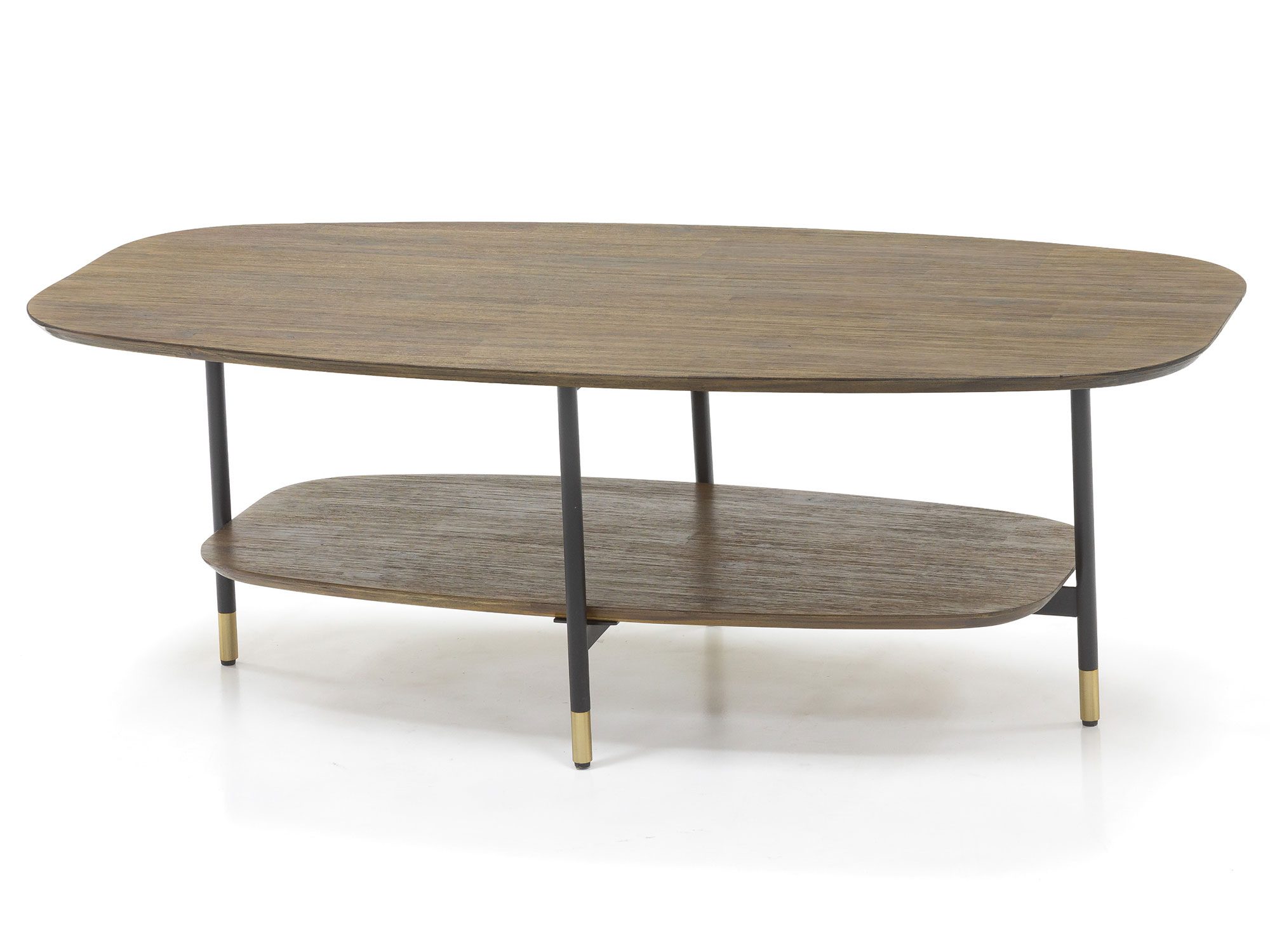 Stolik kawowy drewniany z półką i złotymi akcentami Stolik kawowy drewniany z półką i złotymi akcentami