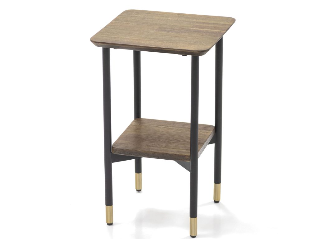 Stolik drewniany retro z metalowymi nogami i złotymi akcentami – Enigma