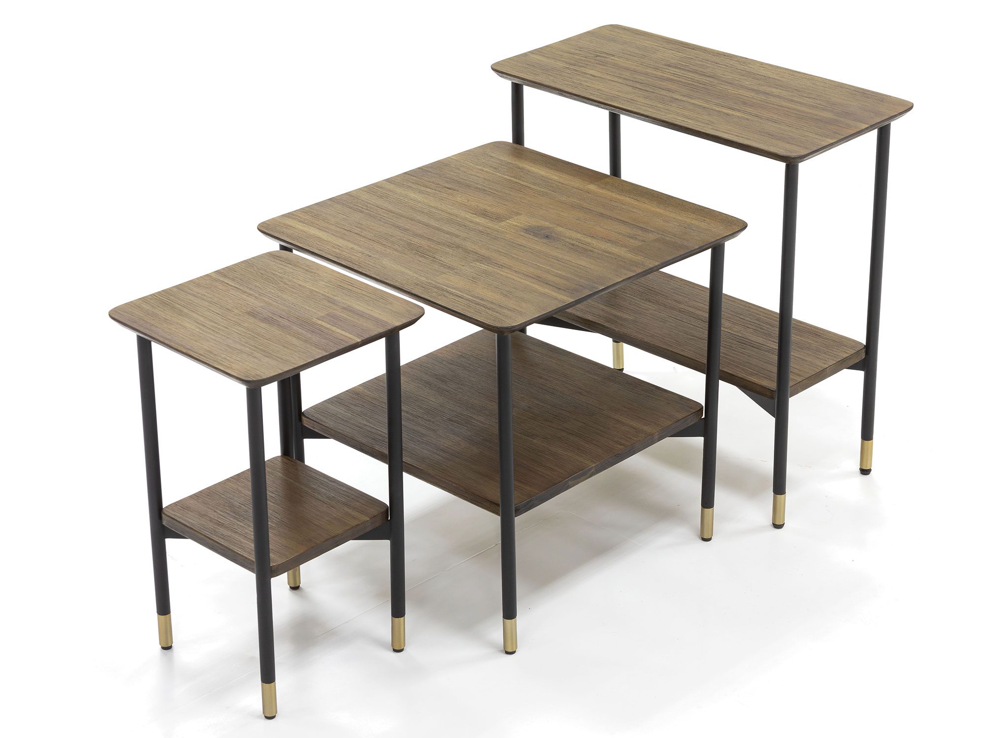 Zestaw trzech stolików kawowych industrialnych z drewna i metalu Zestaw trzech stolików kawowych industrialnych z drewna i metalu