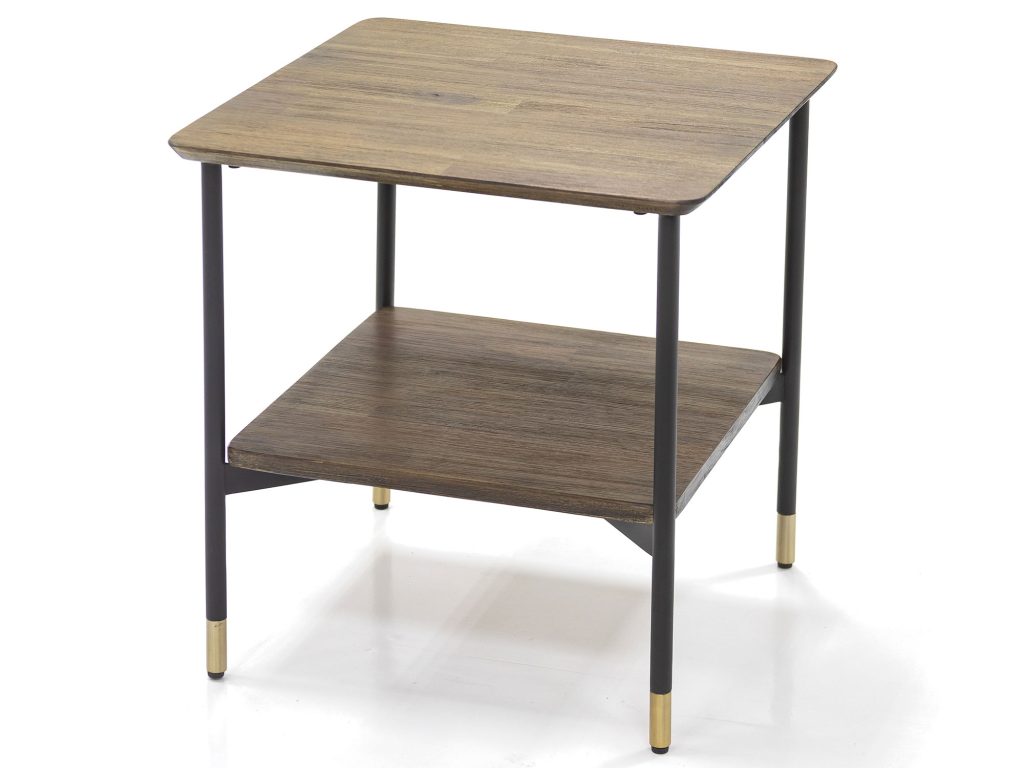 Oryginalny stolik drewniany z metalowymi nogami i złotymi akcentami – Enigma