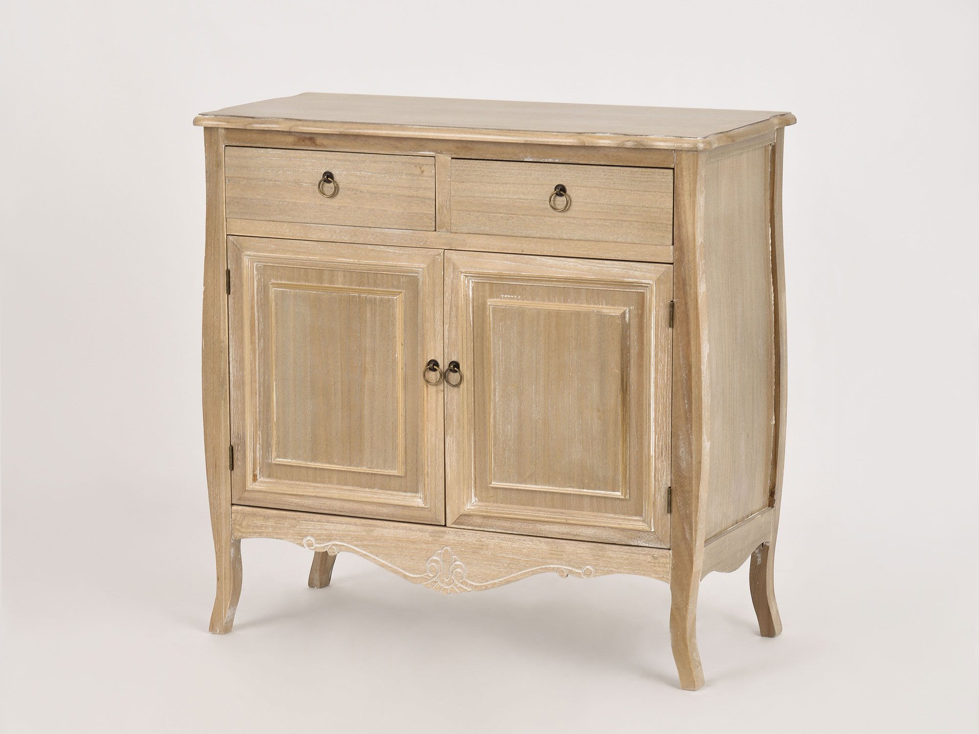 Komoda z bielonego drewna paulowni z podwójnymi drzwiami i szufladami