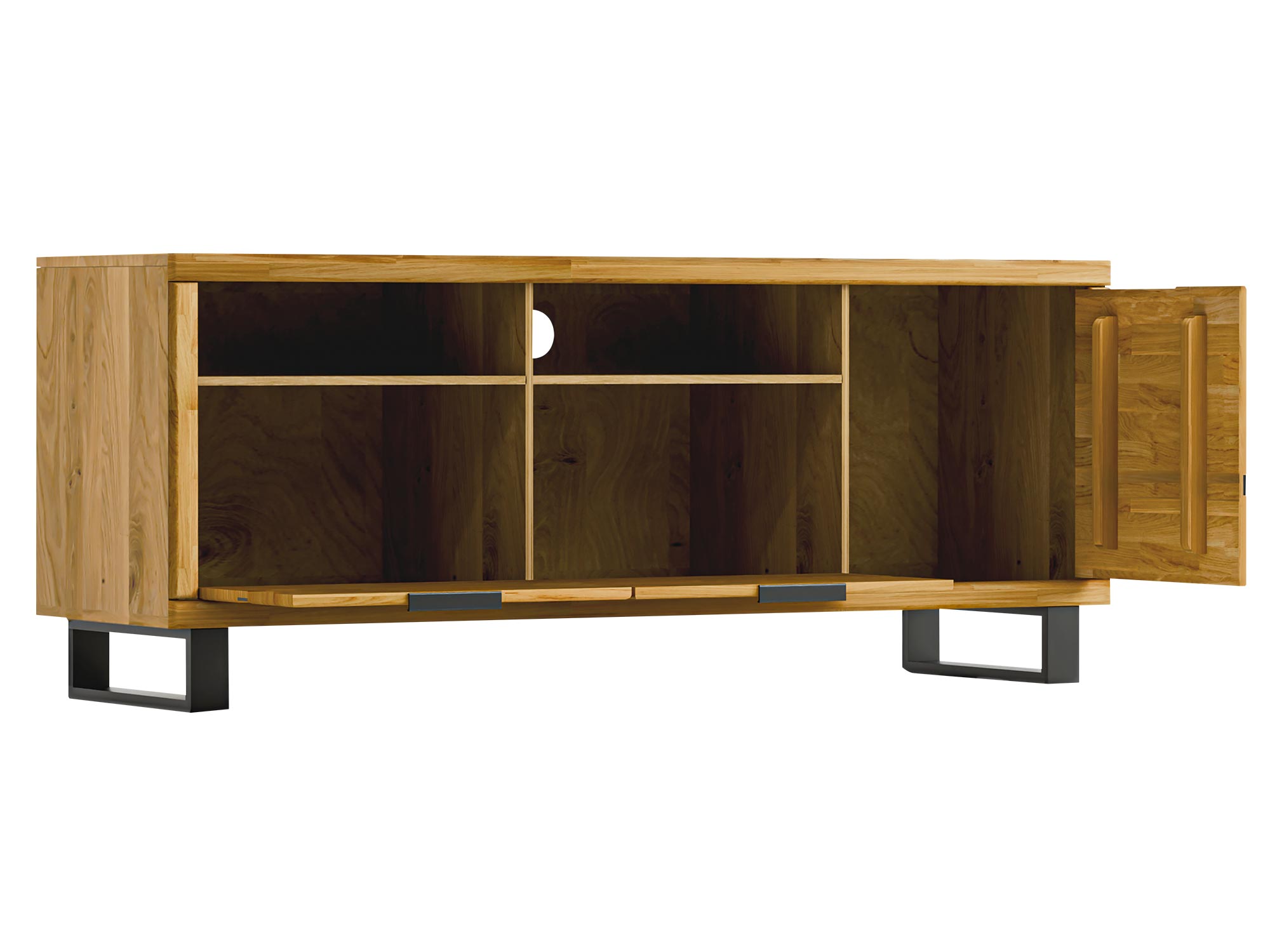 Szafka RTV narożna z wnęką na sprzęt i otwartymi szafkami