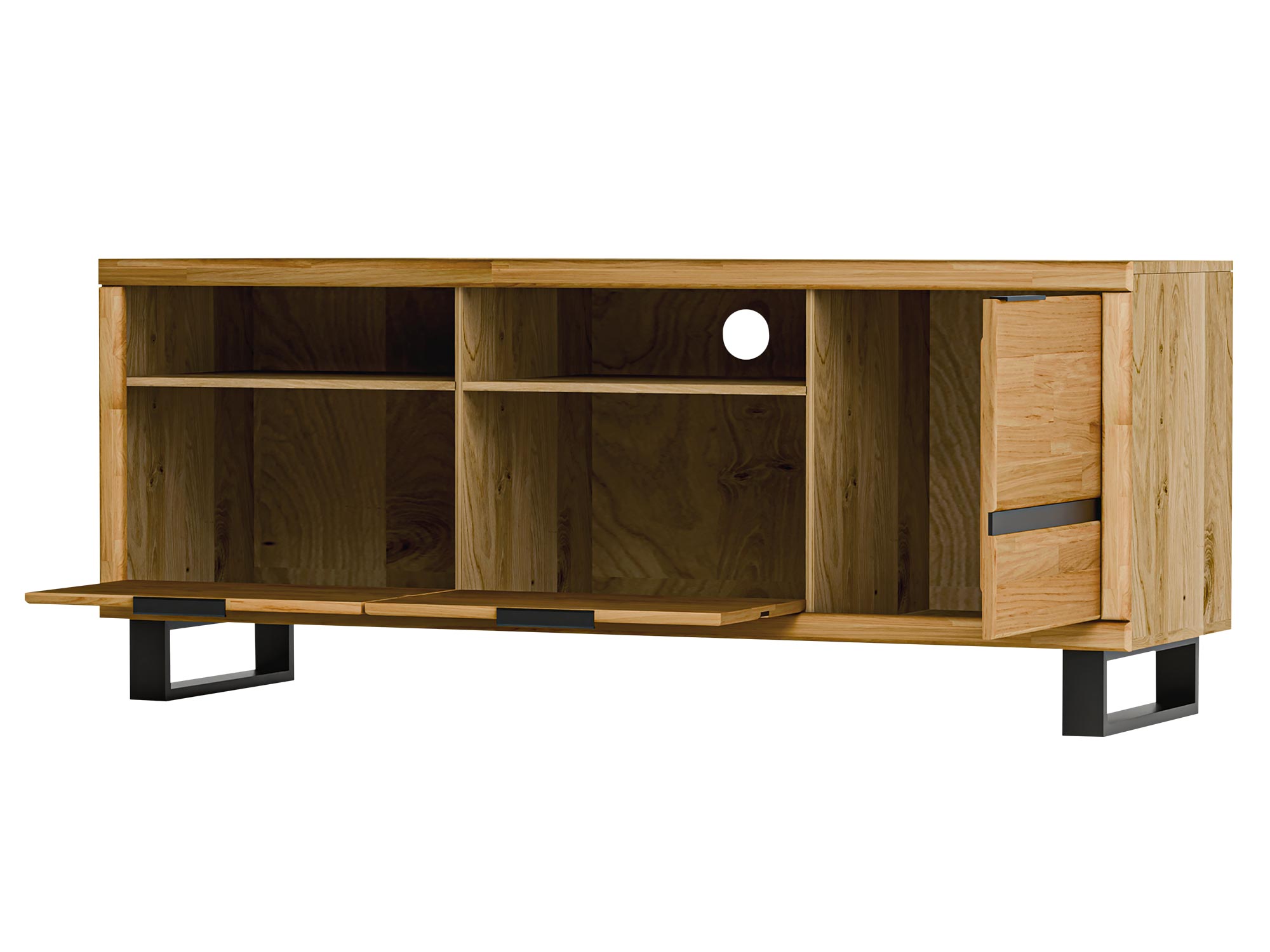 Szafka RTV z czarnymi nogami i otwartymi półkami