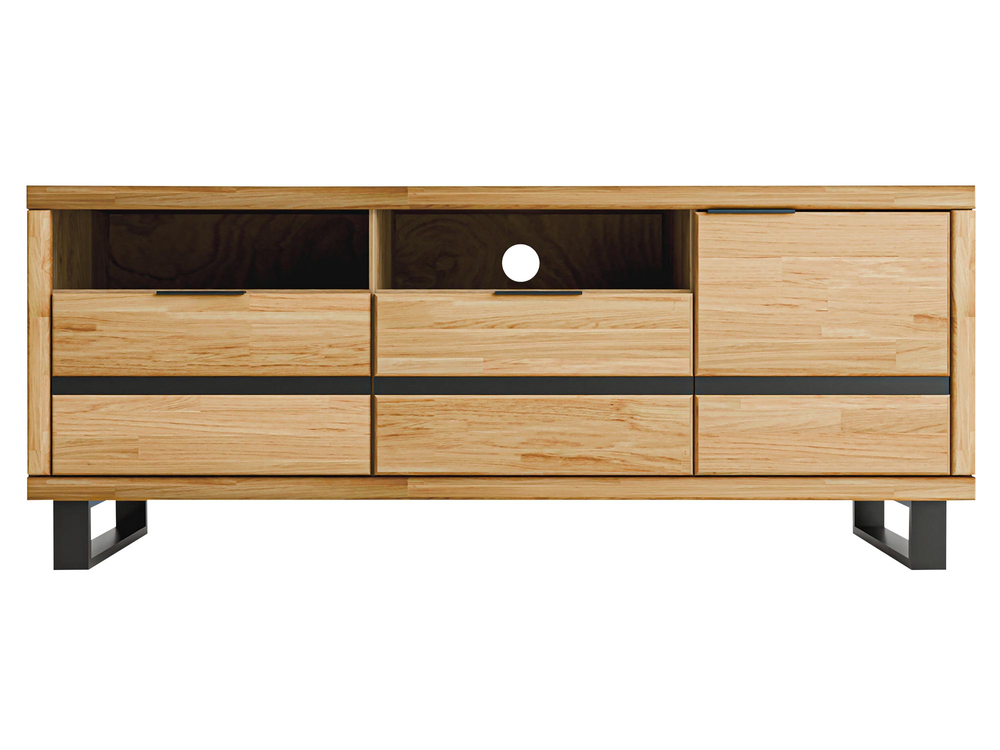 Szafka RTV narożna z wnęką na sprzęt i zamkniętymi szafkami