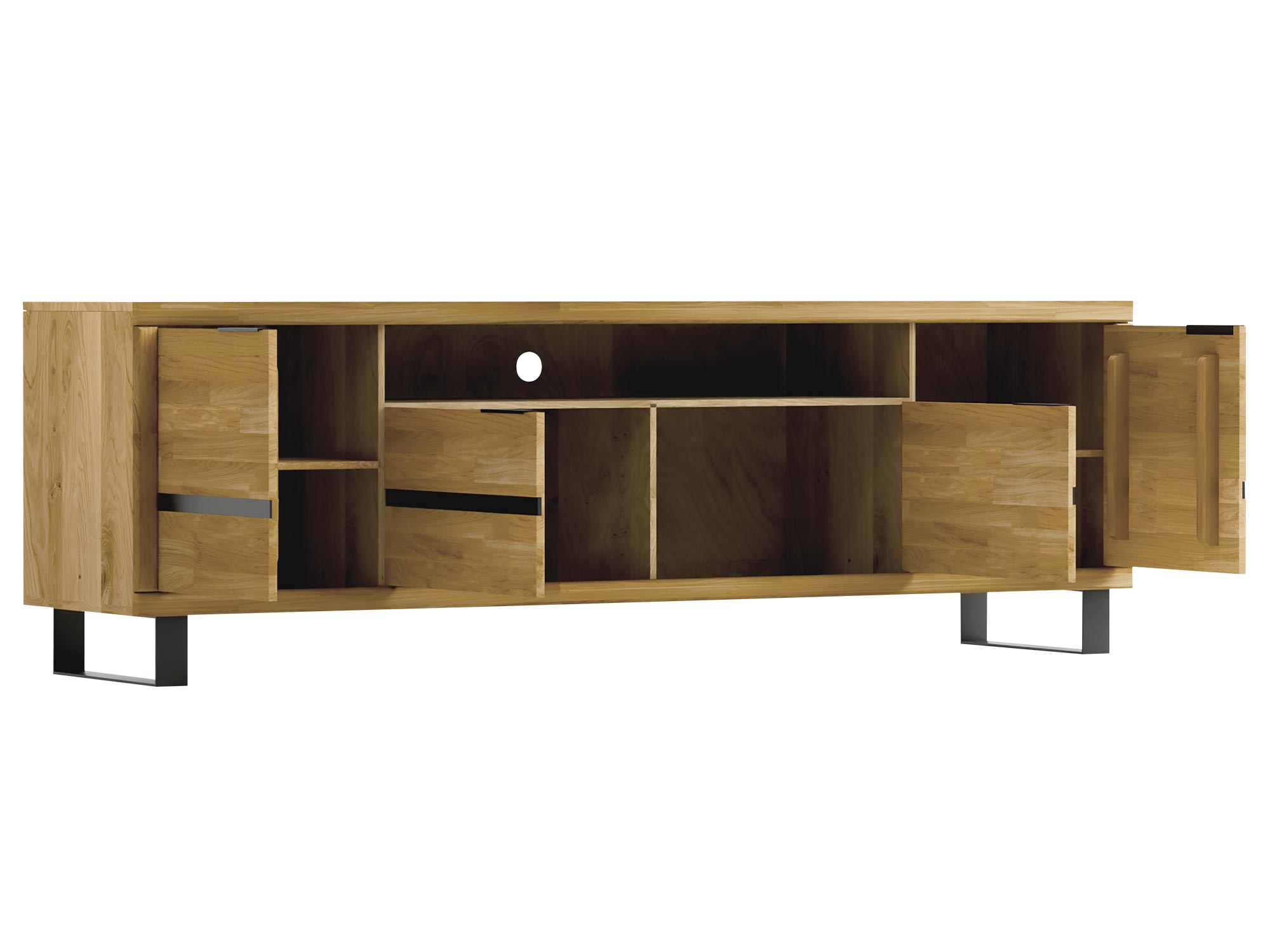 Szafka RTV z czarnymi nogami i otwartymi półkami