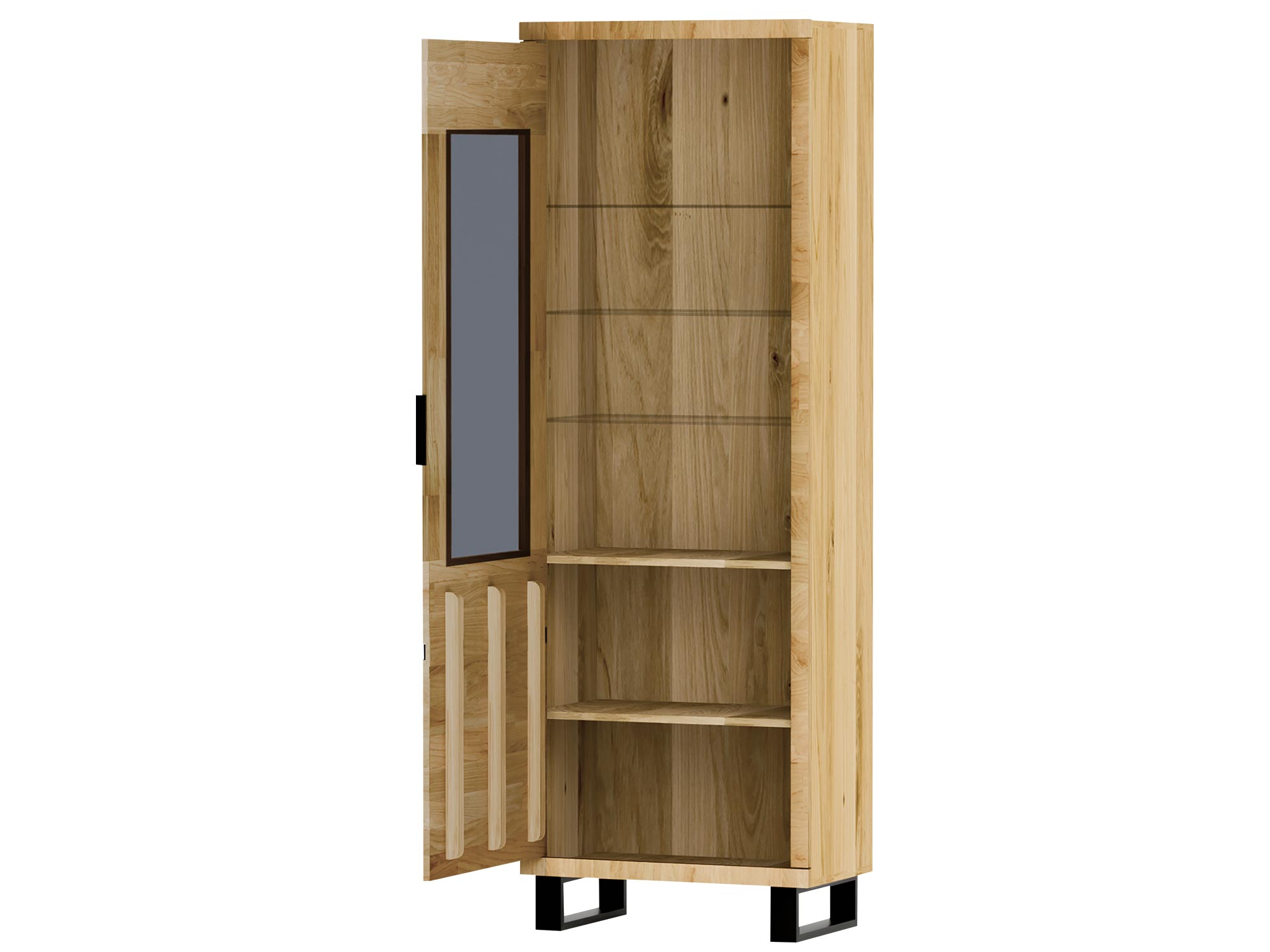 Witryna z otwartymi półkami i pionową szybą