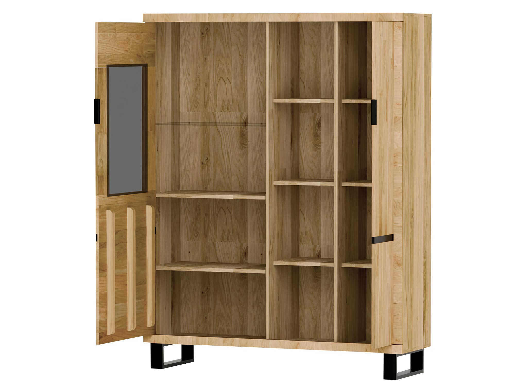 Witryna wysoka z otwartymi drzwiczkami i otwartymi pólkami