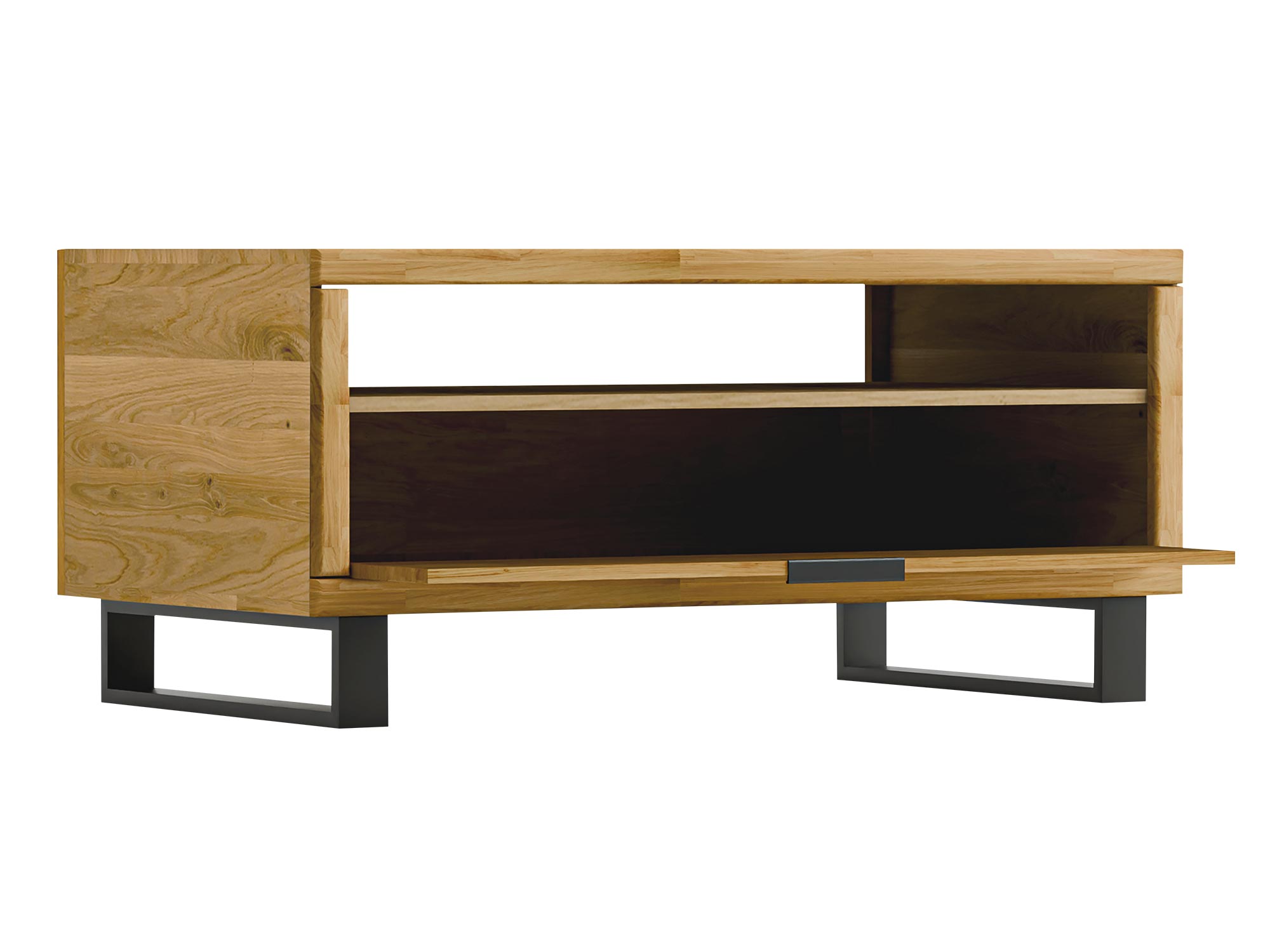 Szafka RTV na metalowych nogach z otwartą szafką