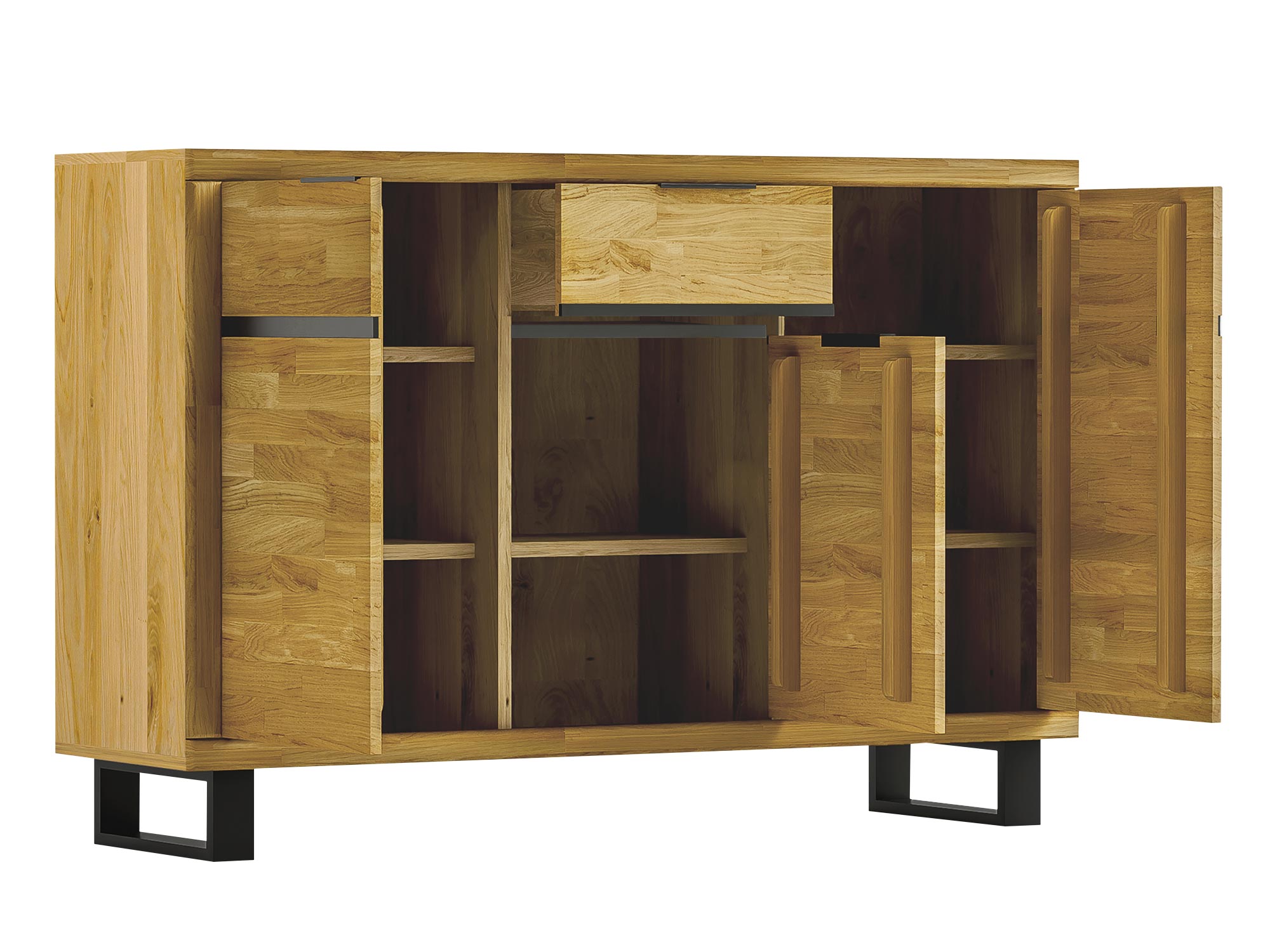 Komoda na czarnej ramie z szufladami i drzwiczkami