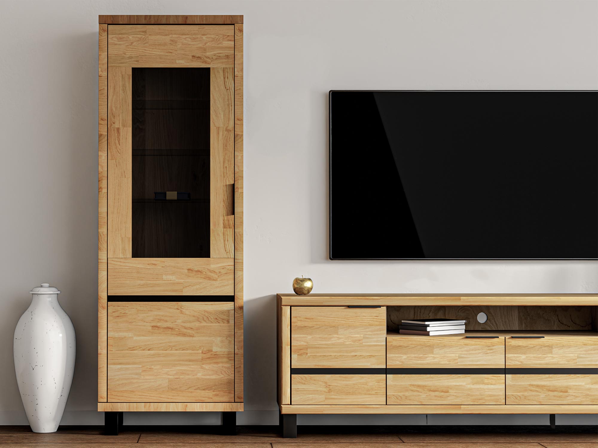 Witryna z przeszkleniem obok niskiej szafki RTV z szufladami