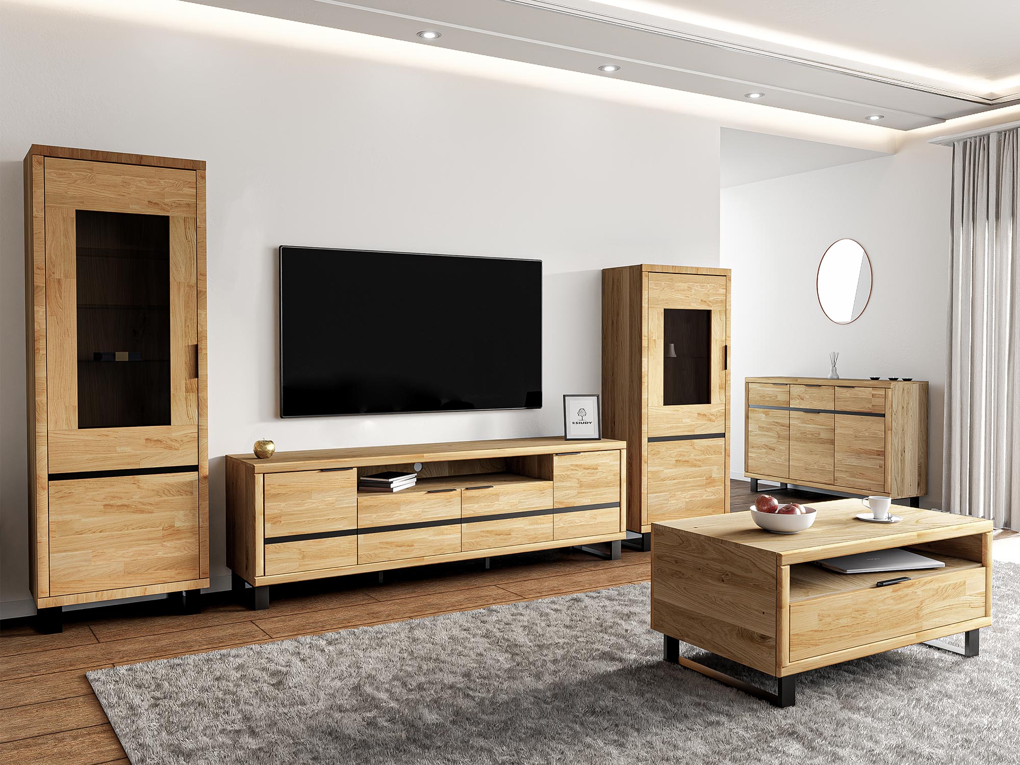 Zestaw mebli do salonu z TV i komodą w kolorze dębu