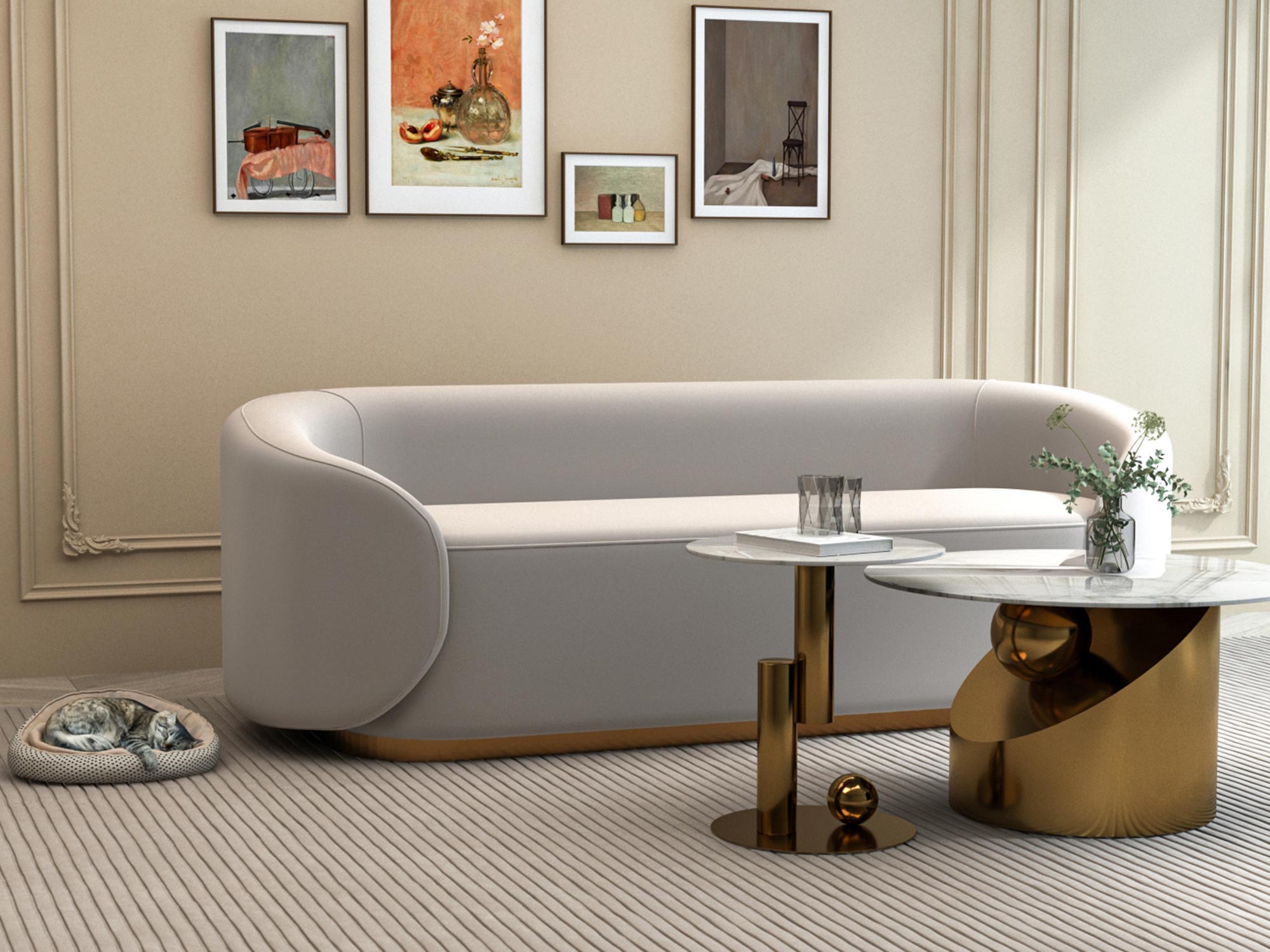 salon z białą sofą i okrągłym stolikiem z marmurowym blatem