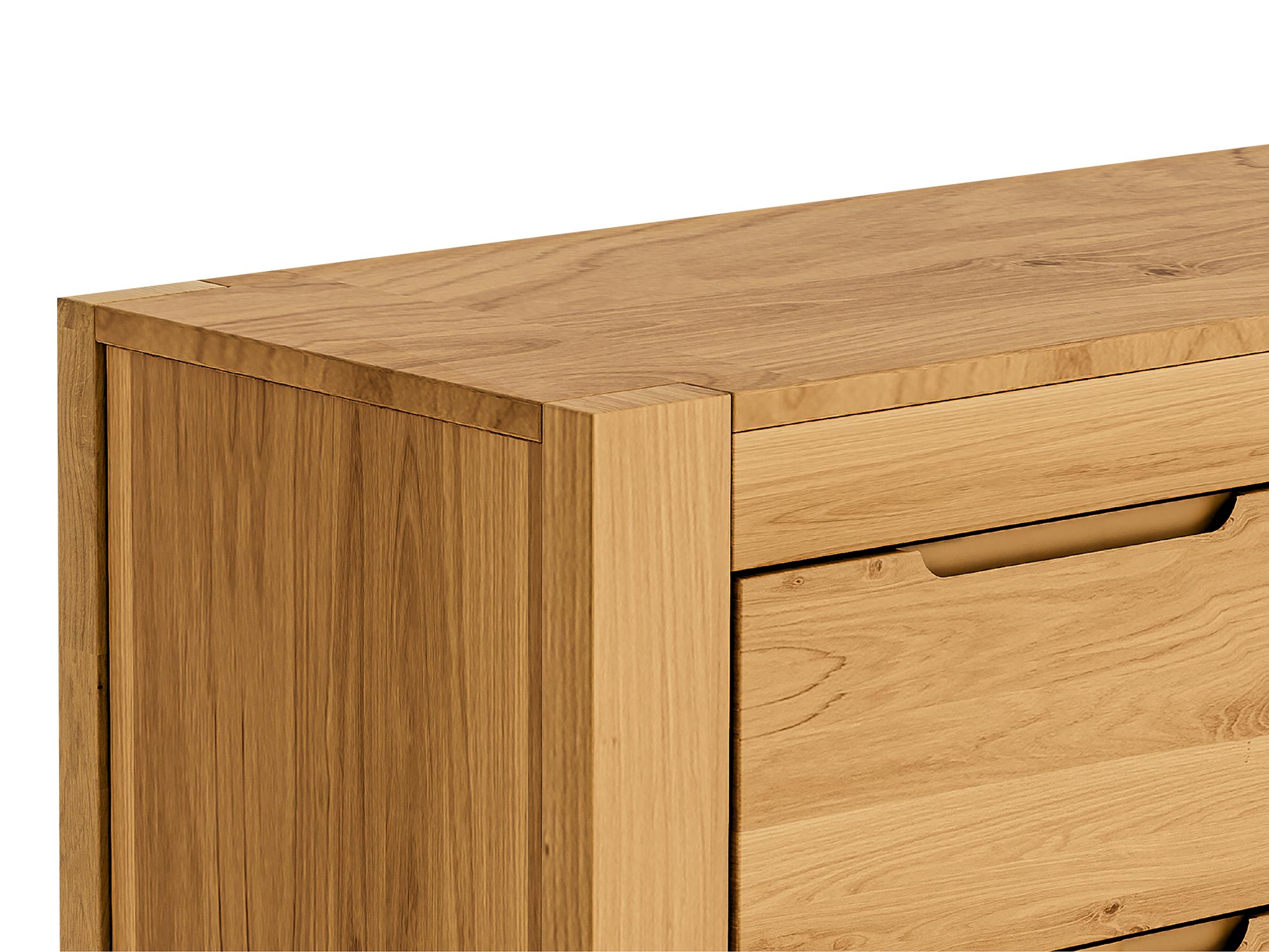 Zbliżenie na róg komody z litego drewna z widocznym usłojeniem