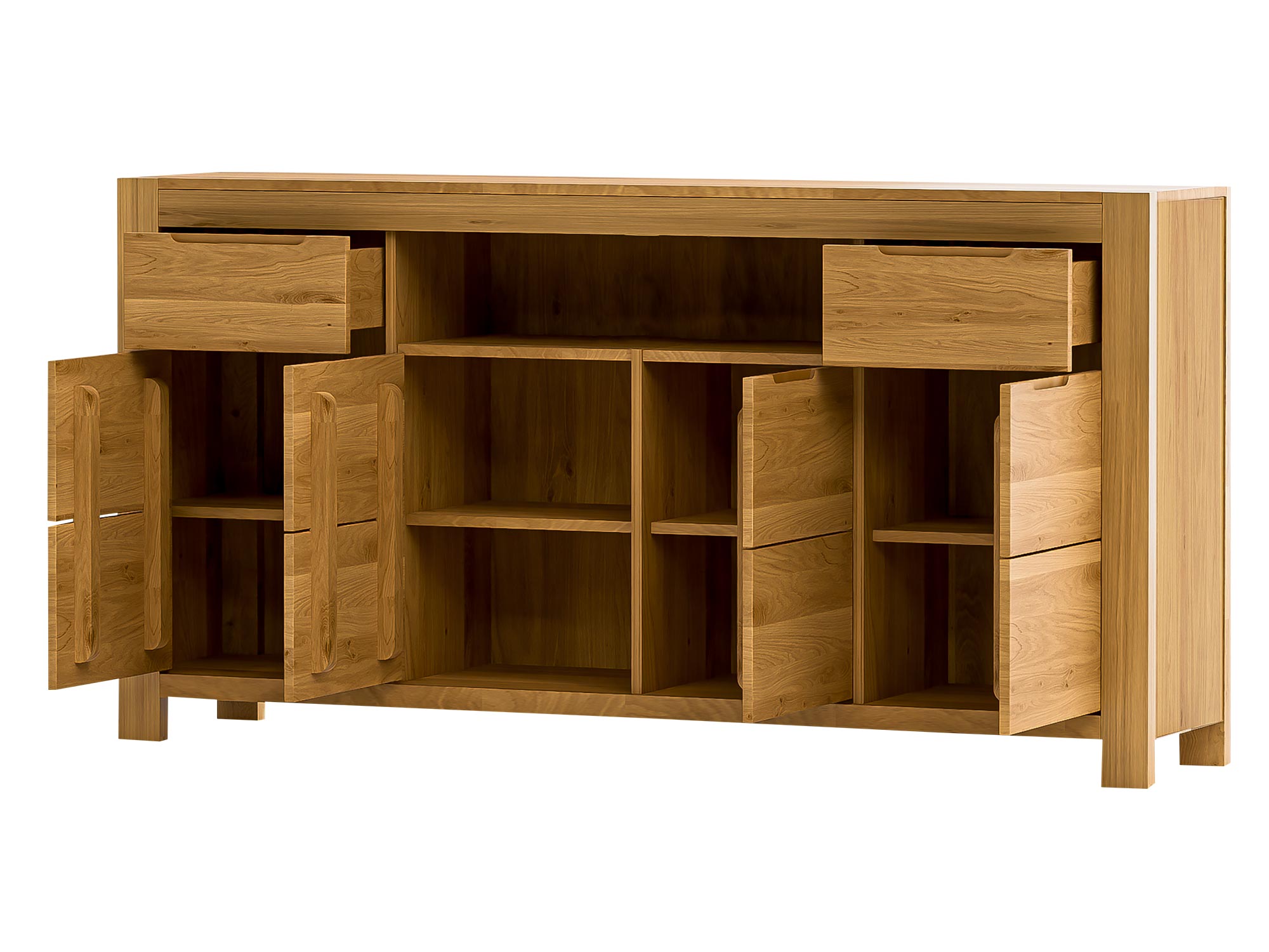 Drewniana komoda z otwartymi wnękami i szufladami