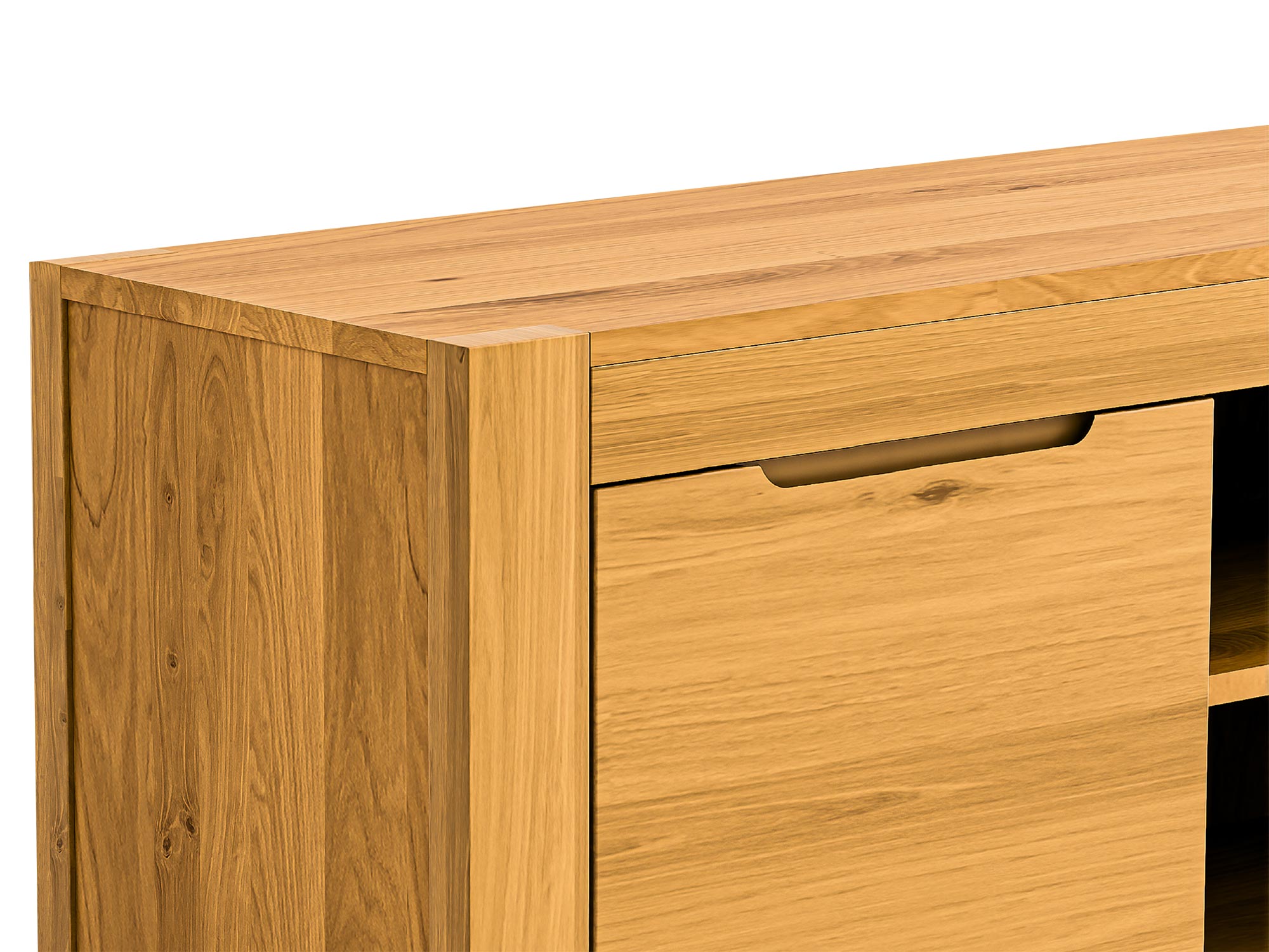 Zbliżenie na narożnik szafki RTV z litego drewna