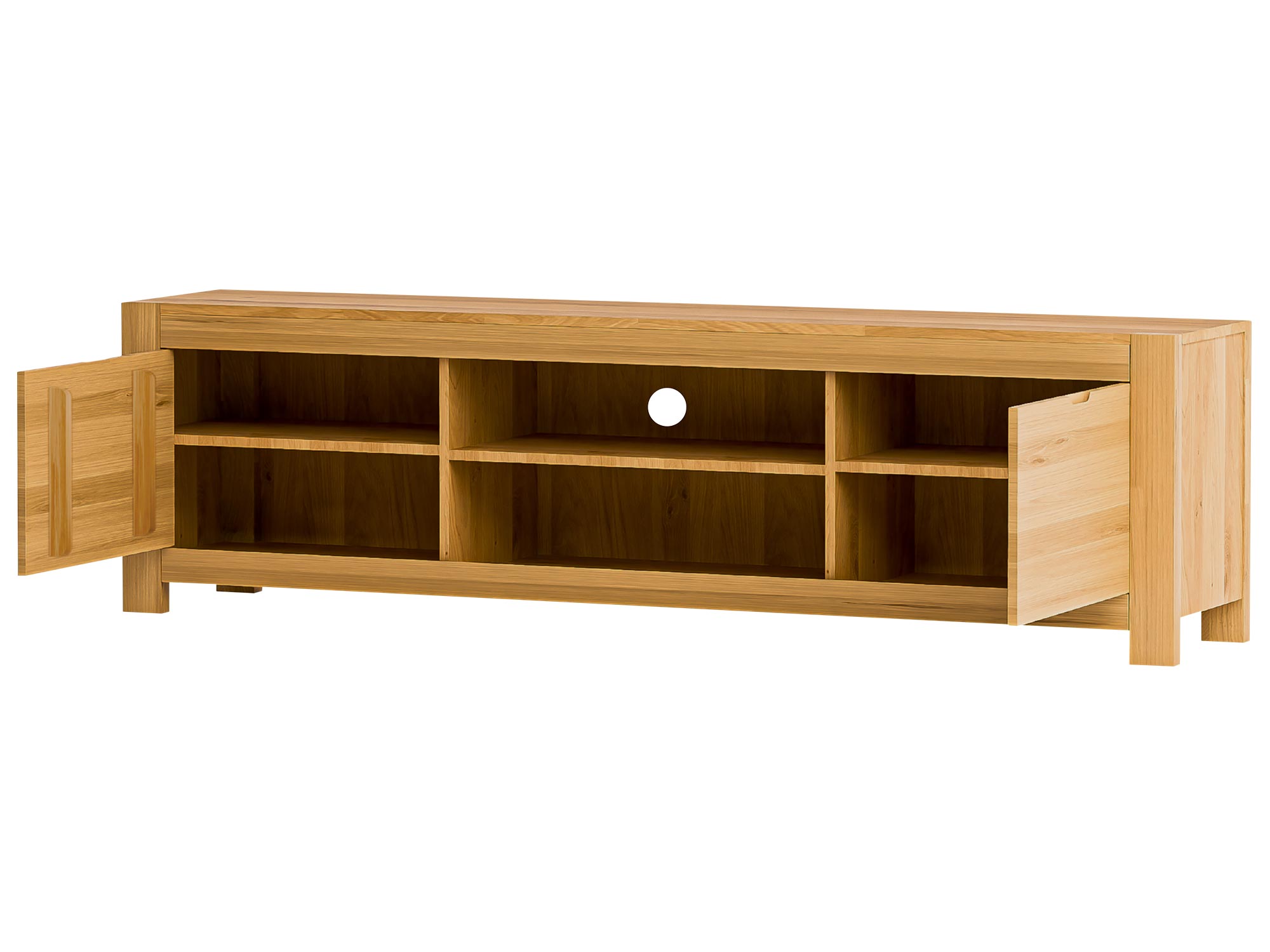 Narożna szafka RTV z trzema wnękami i otworem na kable