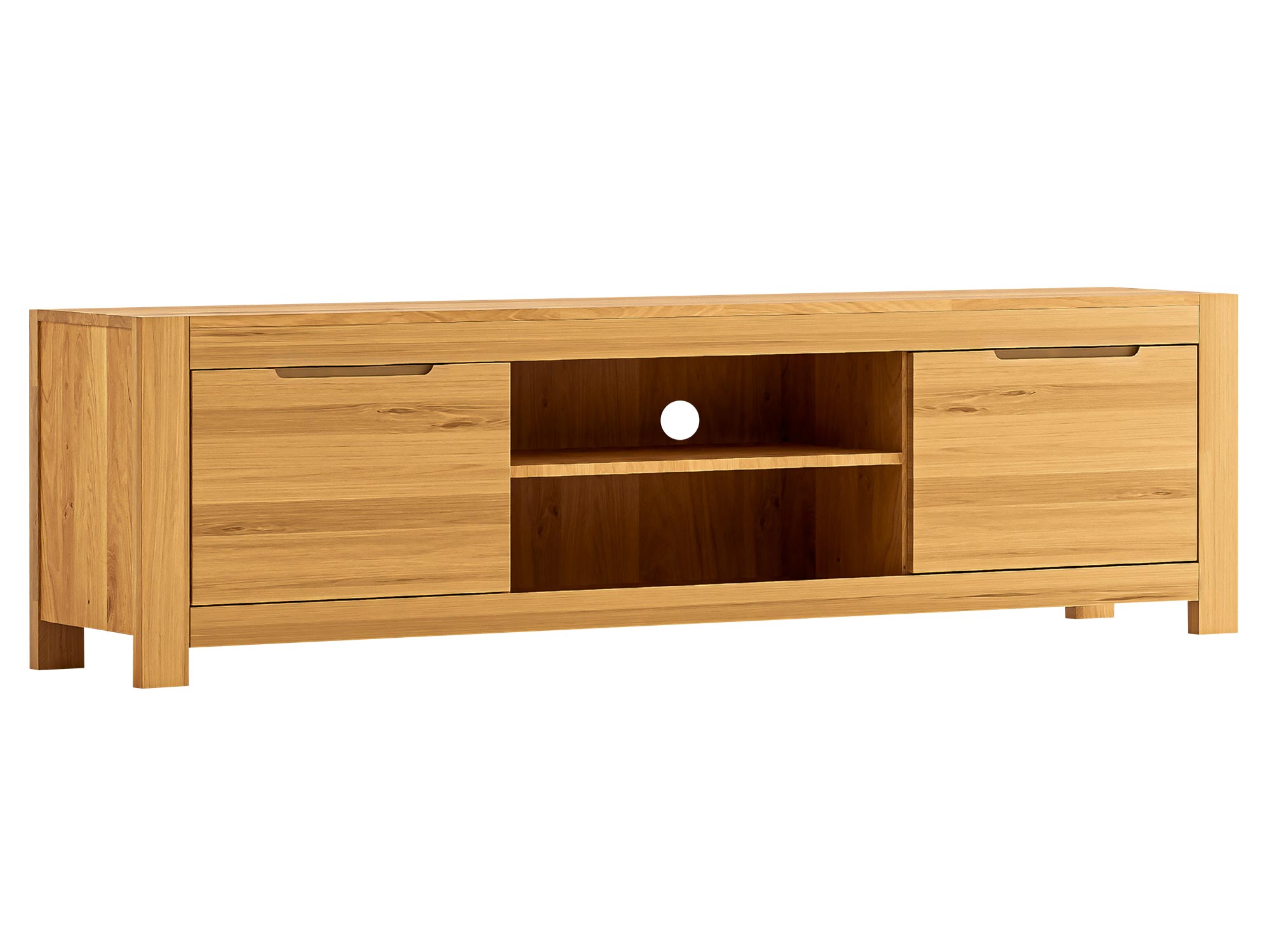 Szafka RTV z szerokim blatem i okrągłym otworem na kable