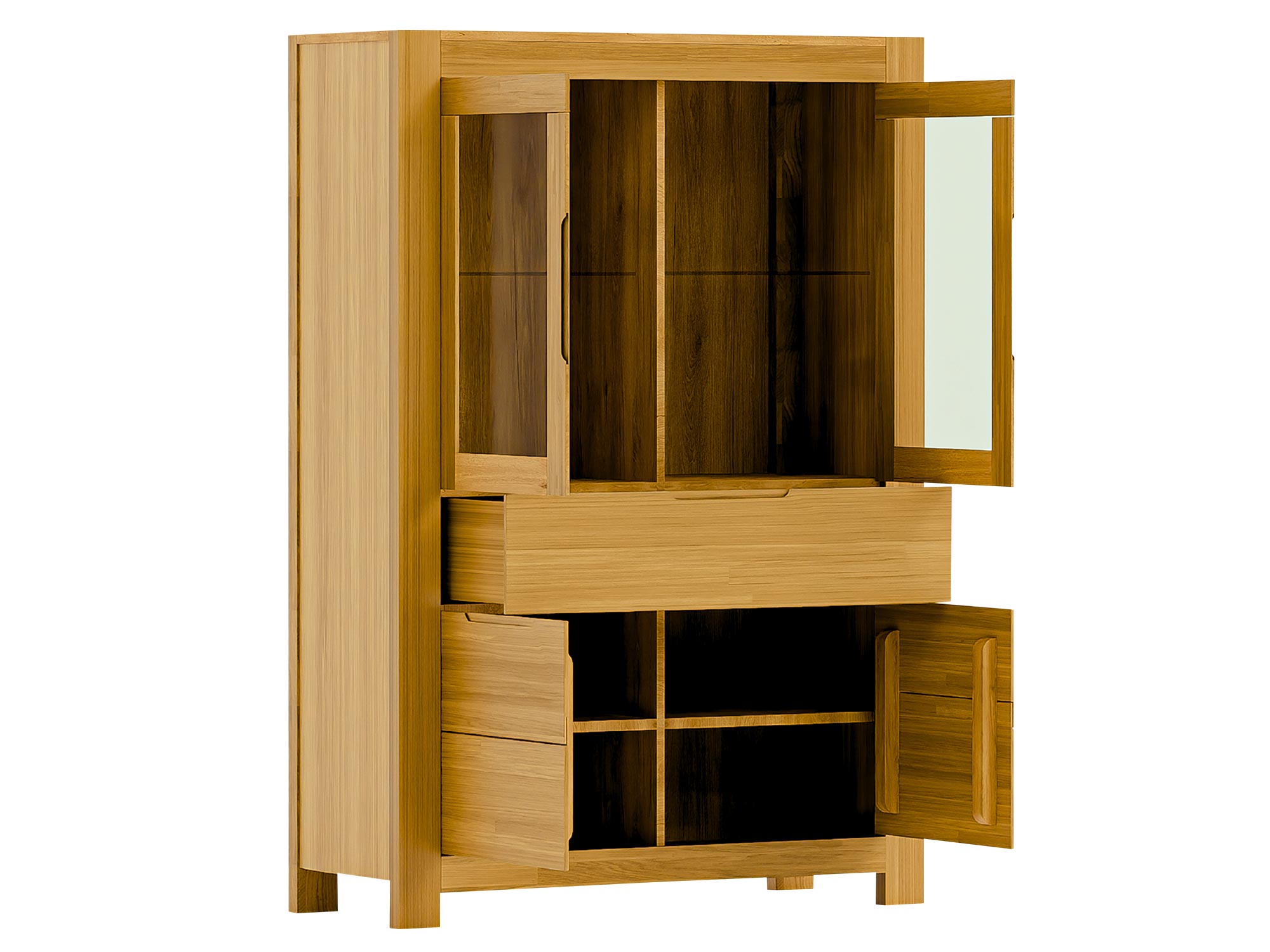 Duża witryna z przeszklonymi drzwiami i otwartymi półkami