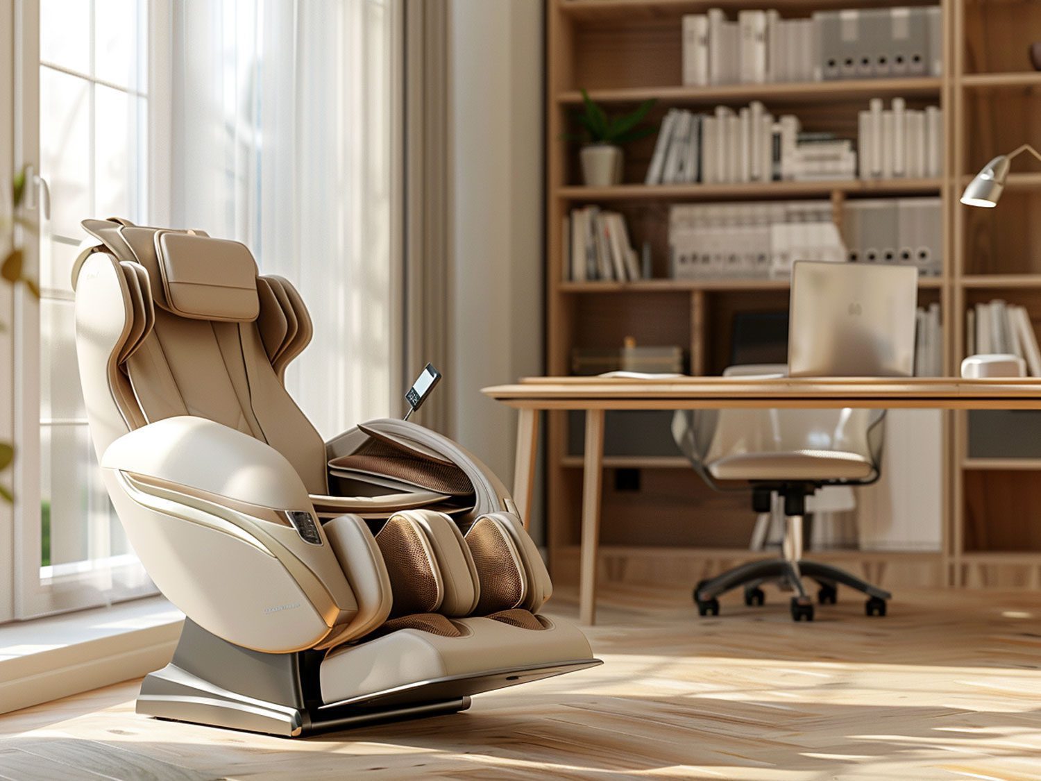 Nowoczesne biuro z fotelem masującym w odcieniach beżu i drewnianymi meblami
