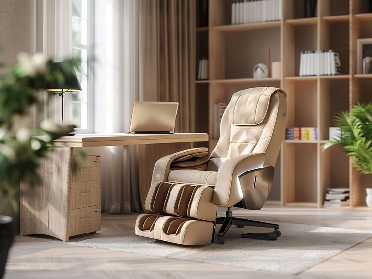 Nowoczesne biuro z czarnym fotelem masującym i eleganckimi dodatkami