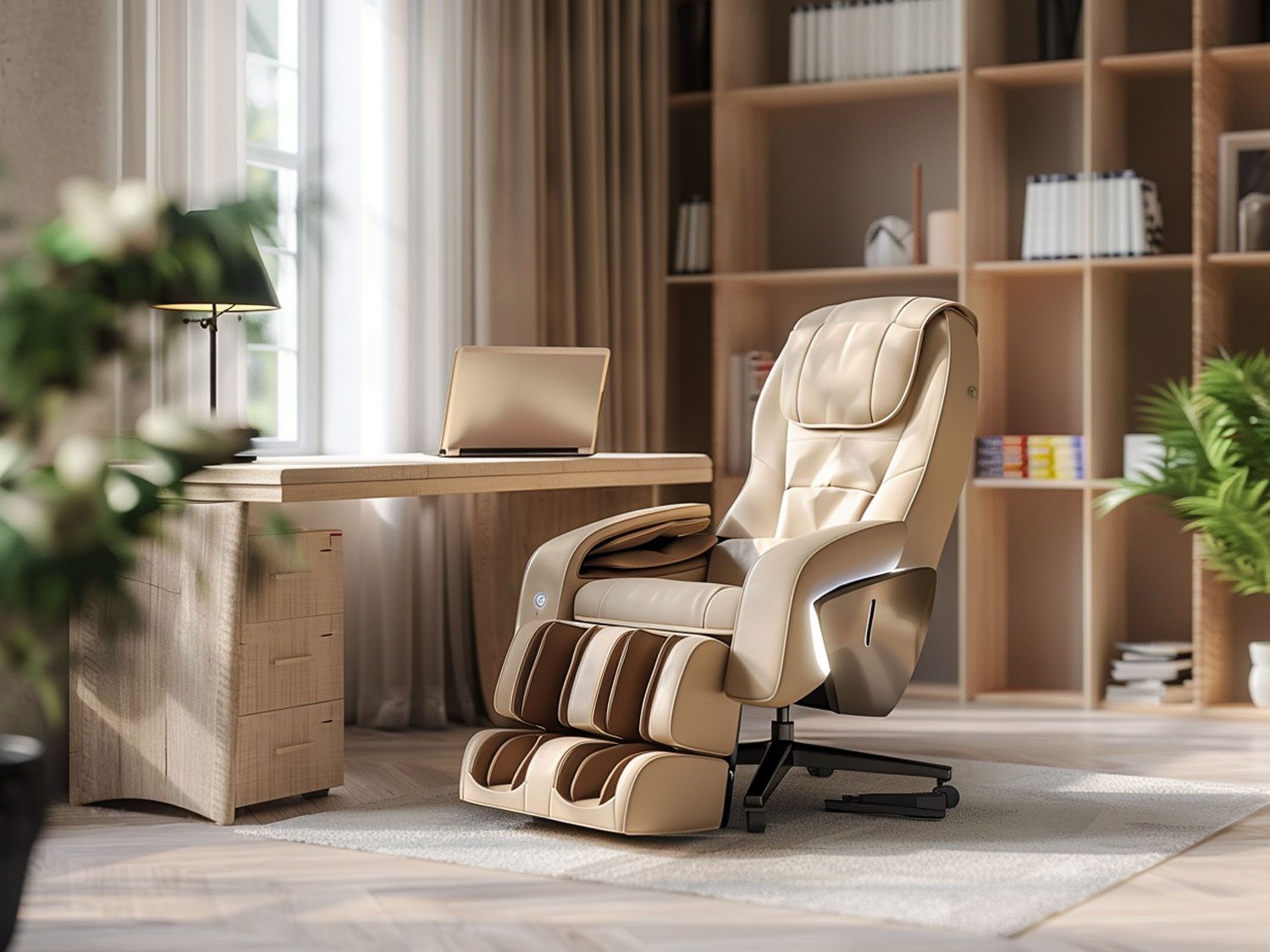 Nowoczesne biuro z czarnym fotelem masującym i eleganckimi dodatkami