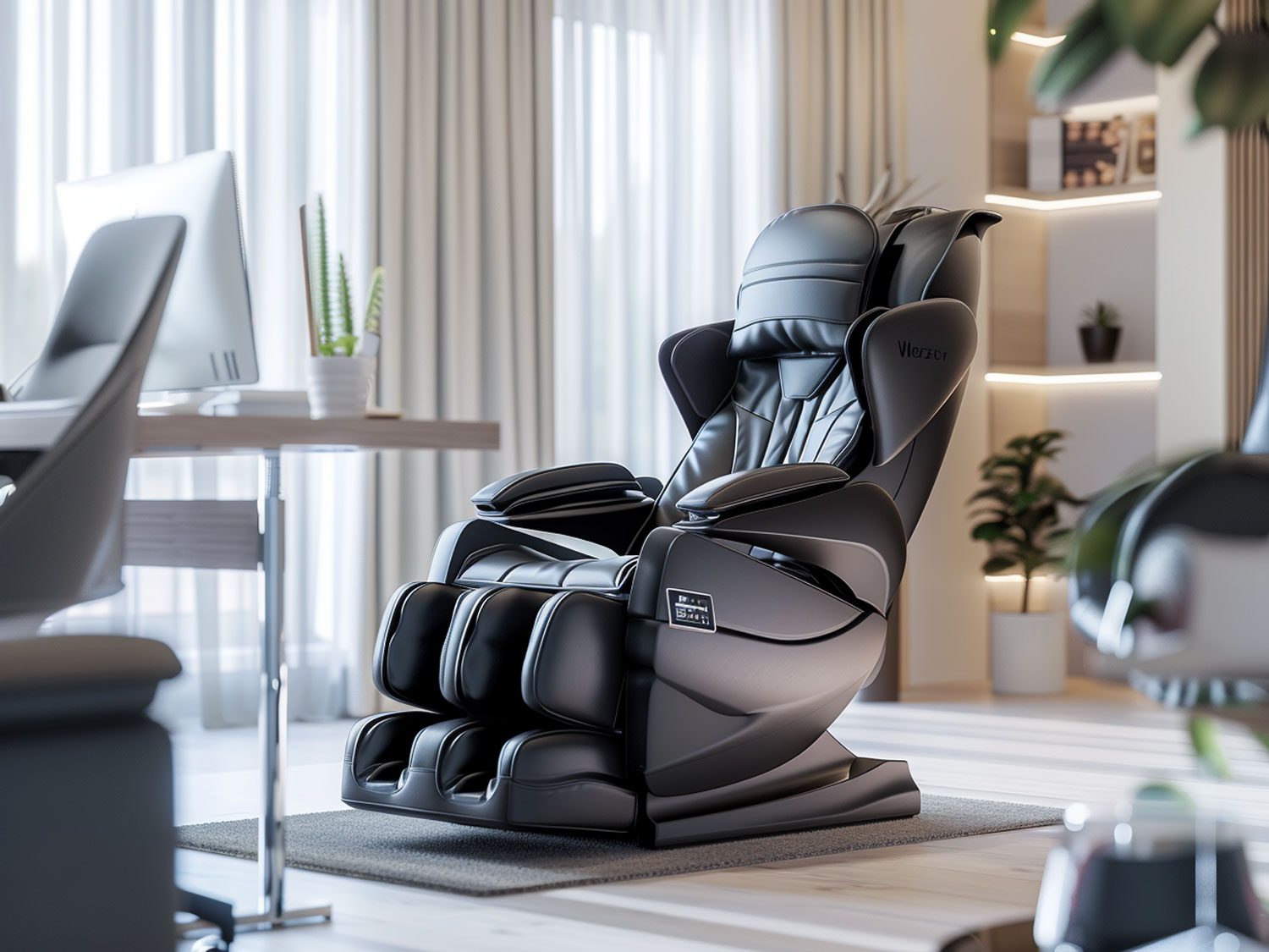 Nowoczesne biuro z czarnym fotelem masującym i eleganckimi dodatkami