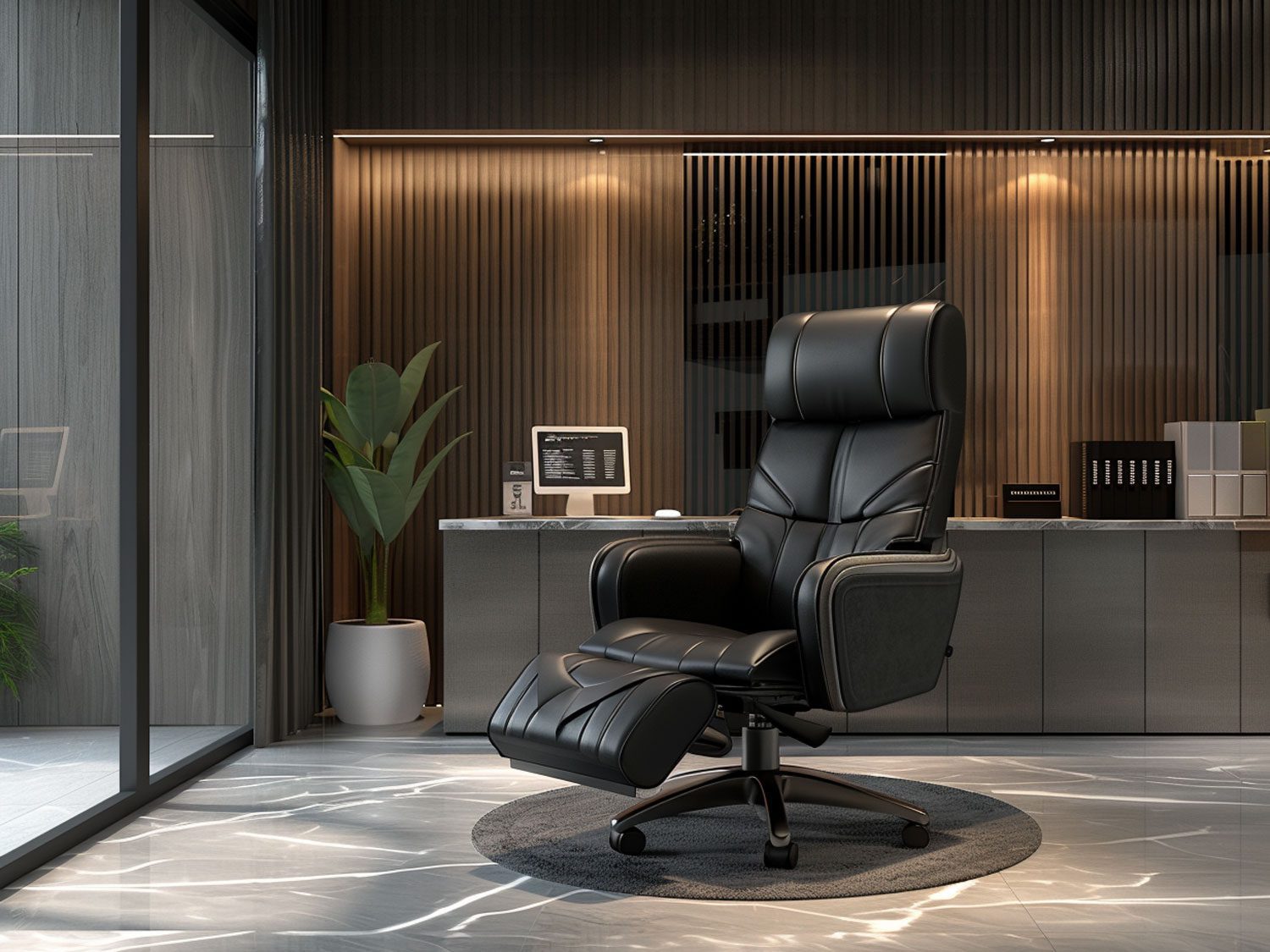 Nowoczesne biuro z czarnym fotelem i minimalistycznym wystrojem