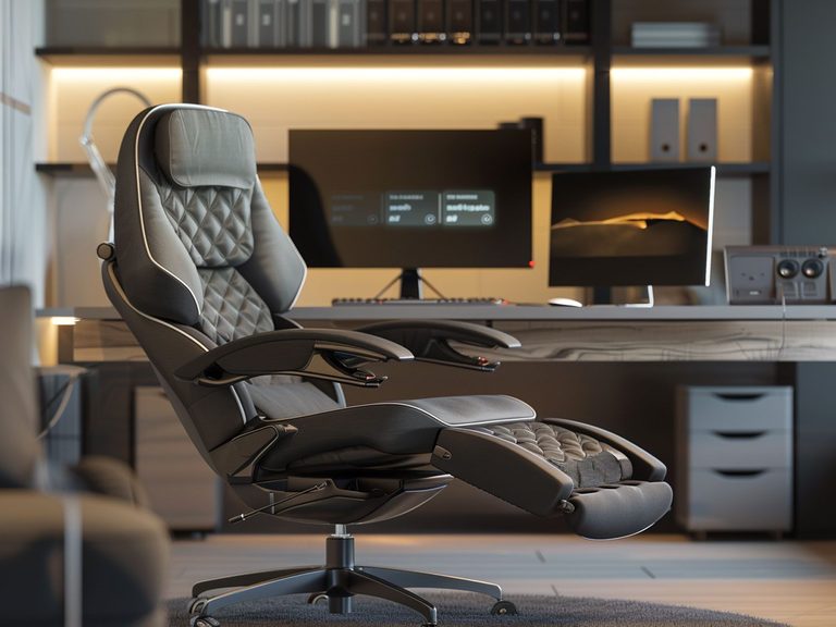 Nowoczesne biuro z czarnym fotelem i minimalistycznym wystrojem