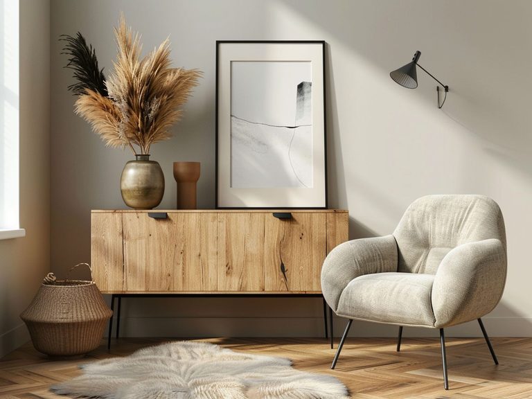 Nowoczesne pokój z wygodnym fotelem i komodą
