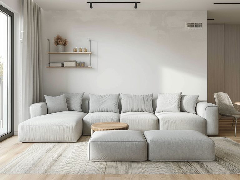 Nowoczesny salon z dużą jasną sofą, minimalistycznymi półkami i naturalnym światłem