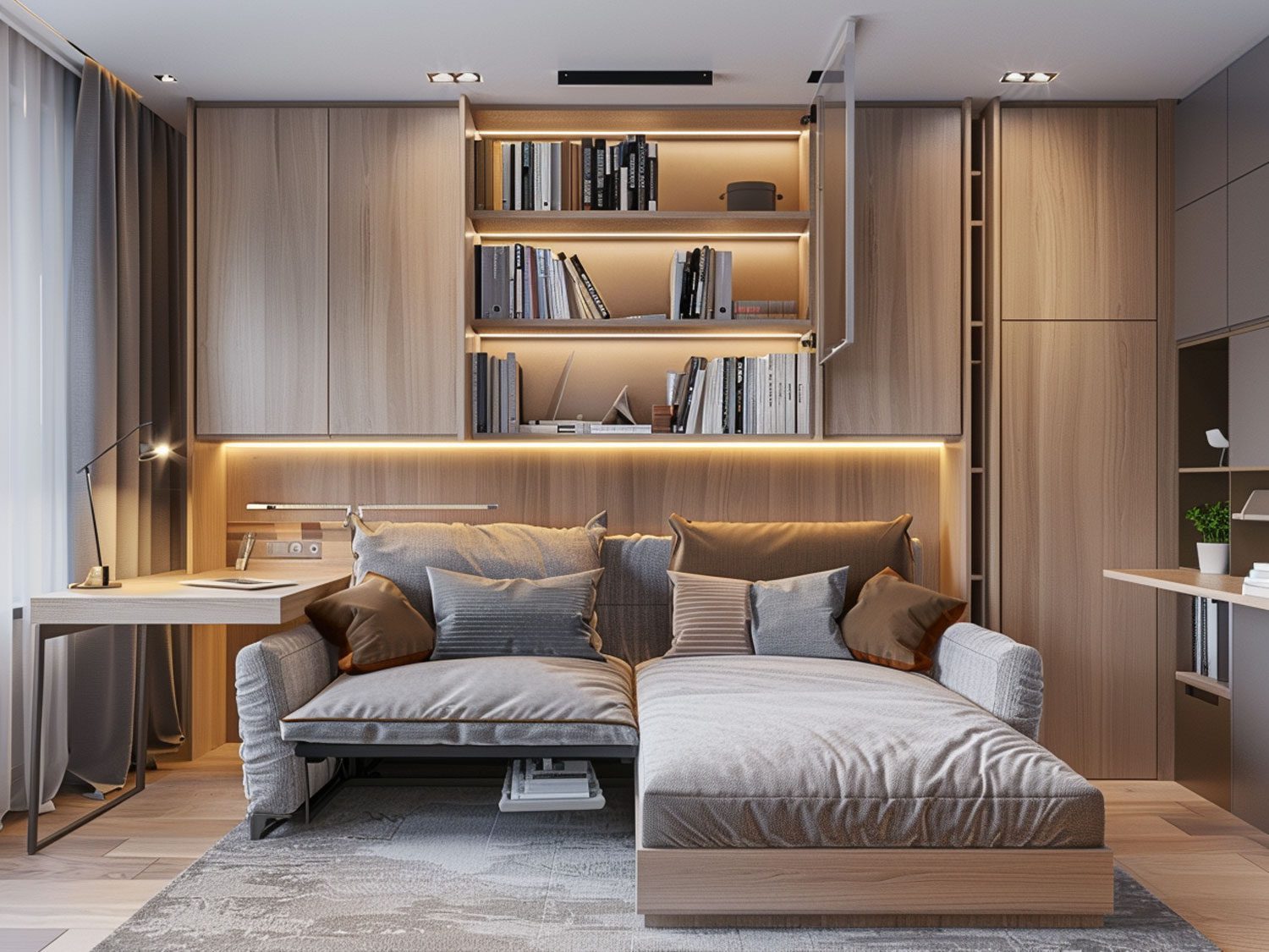 Nowoczesna sypialnia z drewnianym łóżkiem, szafkami i podświetleniem