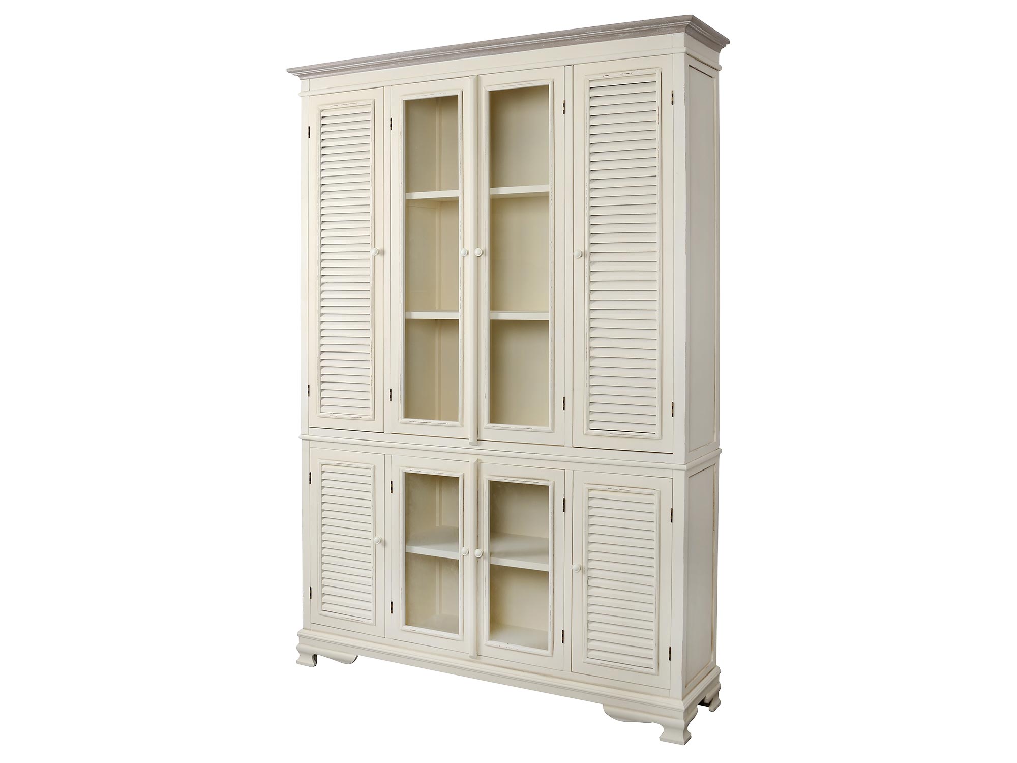 Drewniana witryna z przeszklonymi drzwiami i dekoracyjnymi frontami w stylu prowansalskim kolor biały