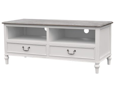 Drewniana szafka RTV z ciemnobrązowym blatem