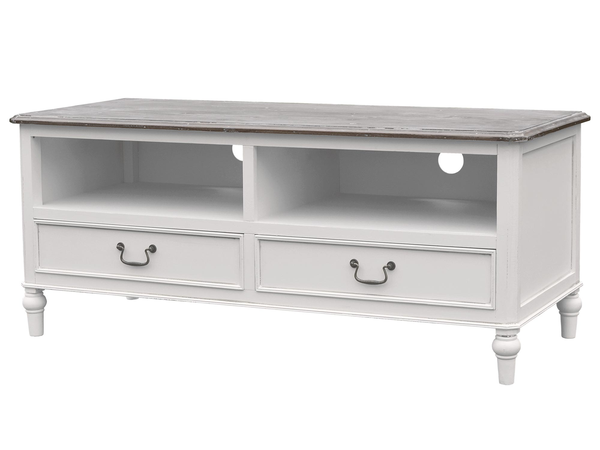 Drewniana szafka RTV z ciemnobrązowym blatem