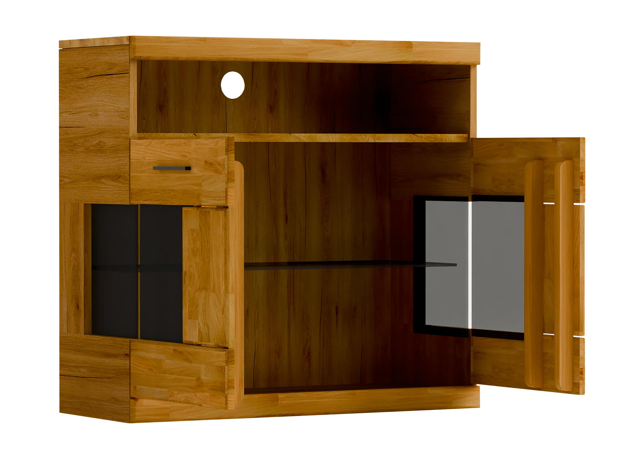 Otwarta szafa z półkami i lustrem wewnętrznym