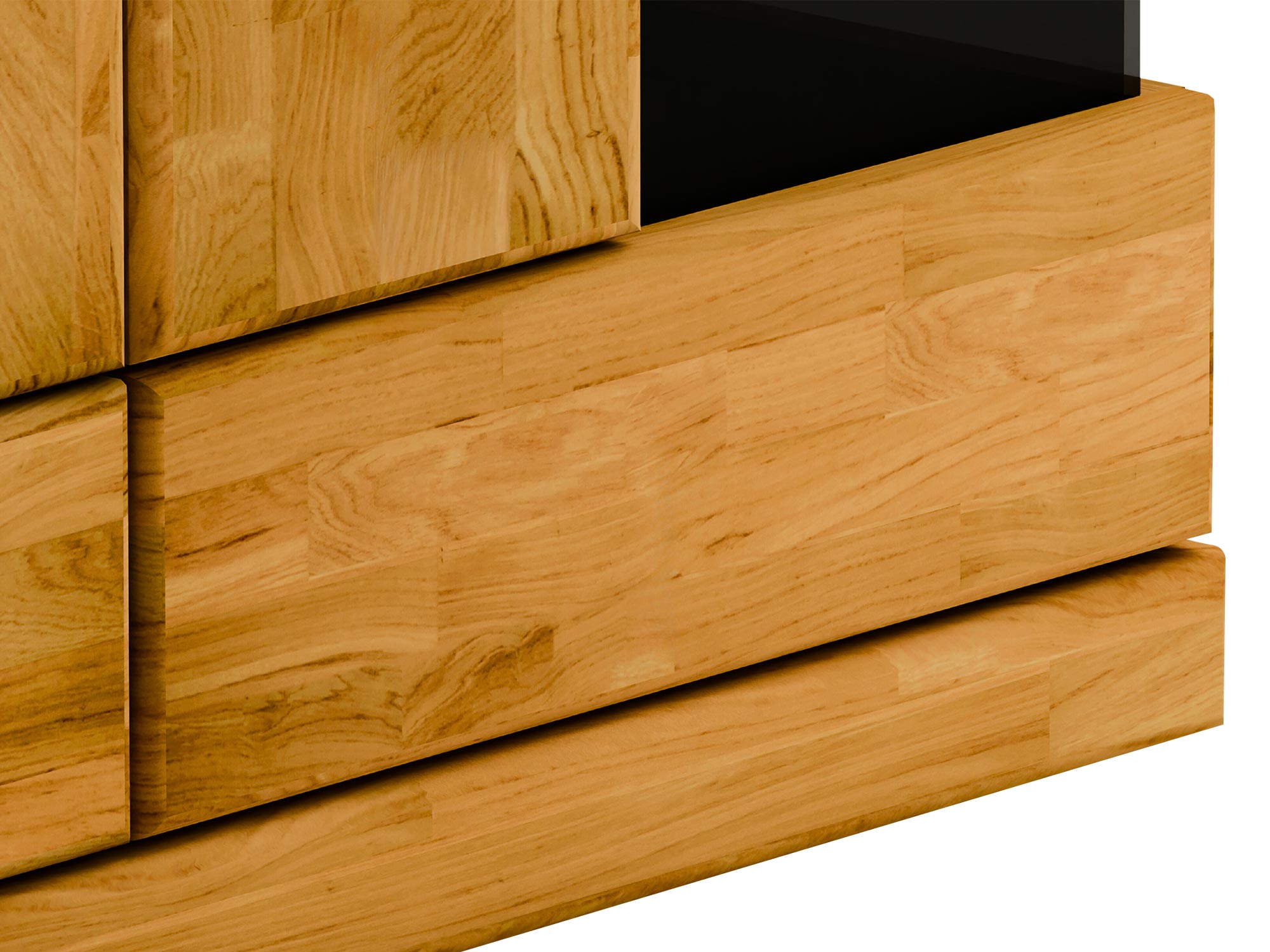 Zbliżenie na narożnik szafki RTV z czarnym szkłem