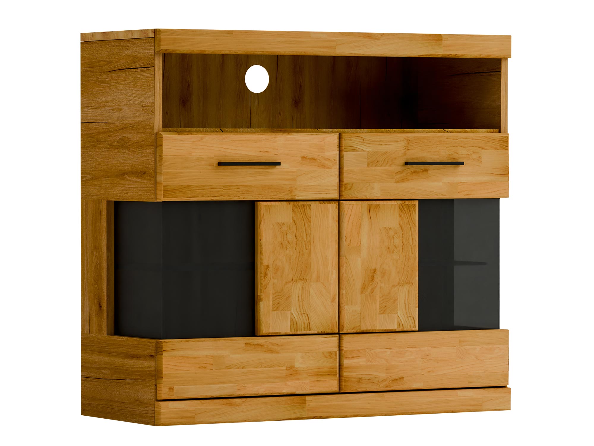 Niska komoda z dwoma frontami i czarnymi przeszkleniami