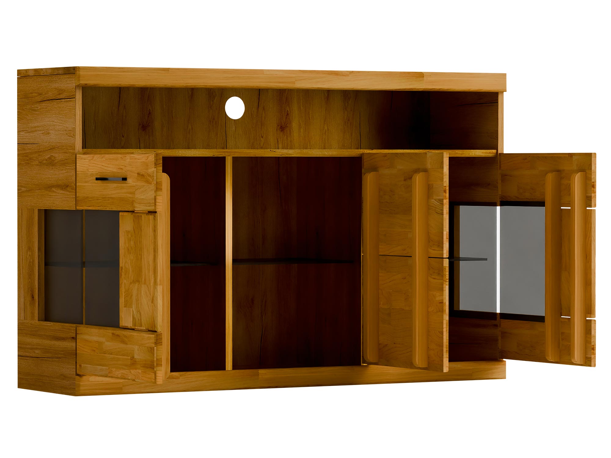 Drewniana szafka RTV z przeszkleniem i wnęką